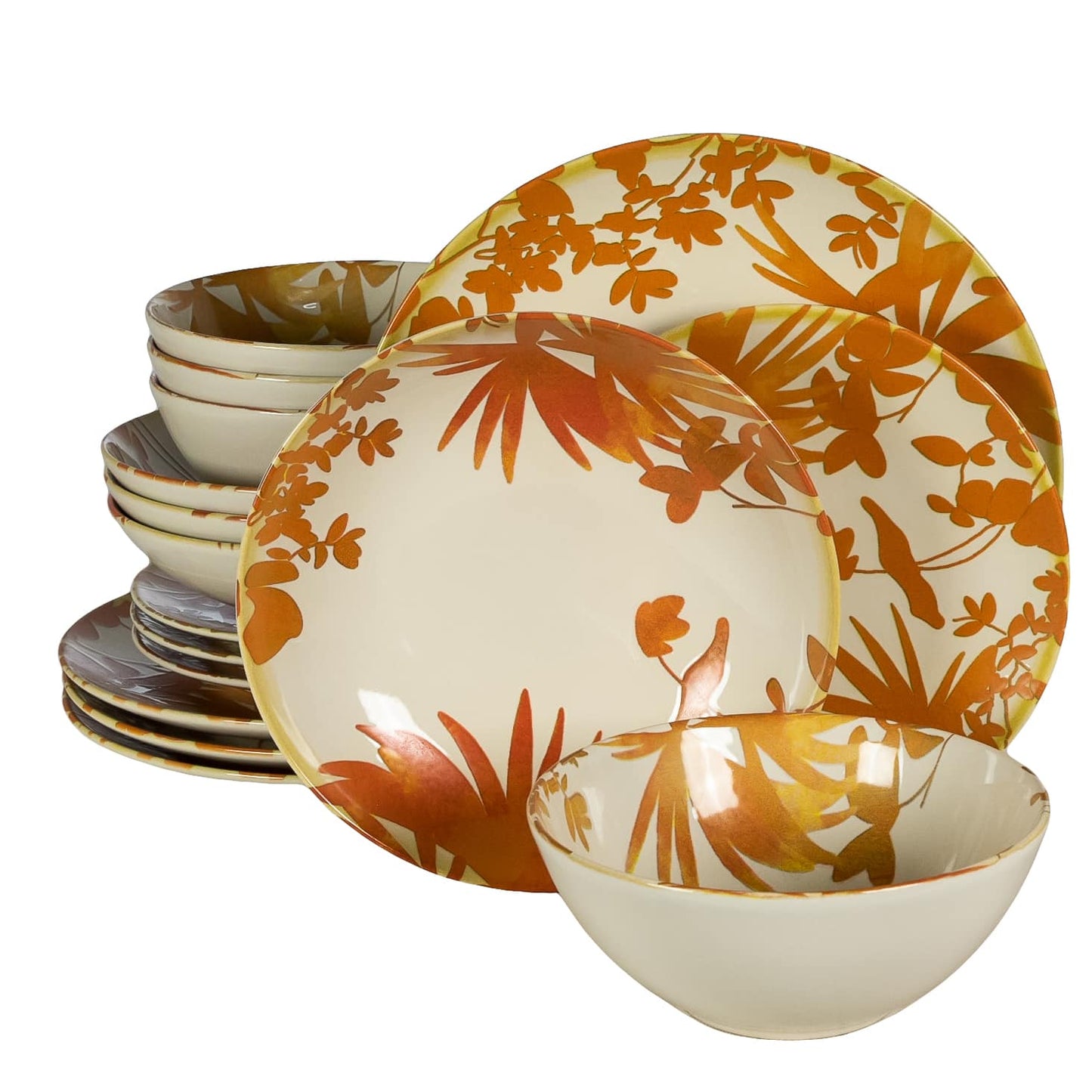 Set of 16 plates, for 4 people, Hawaii, Cesiro, Ivory white with orange leaves