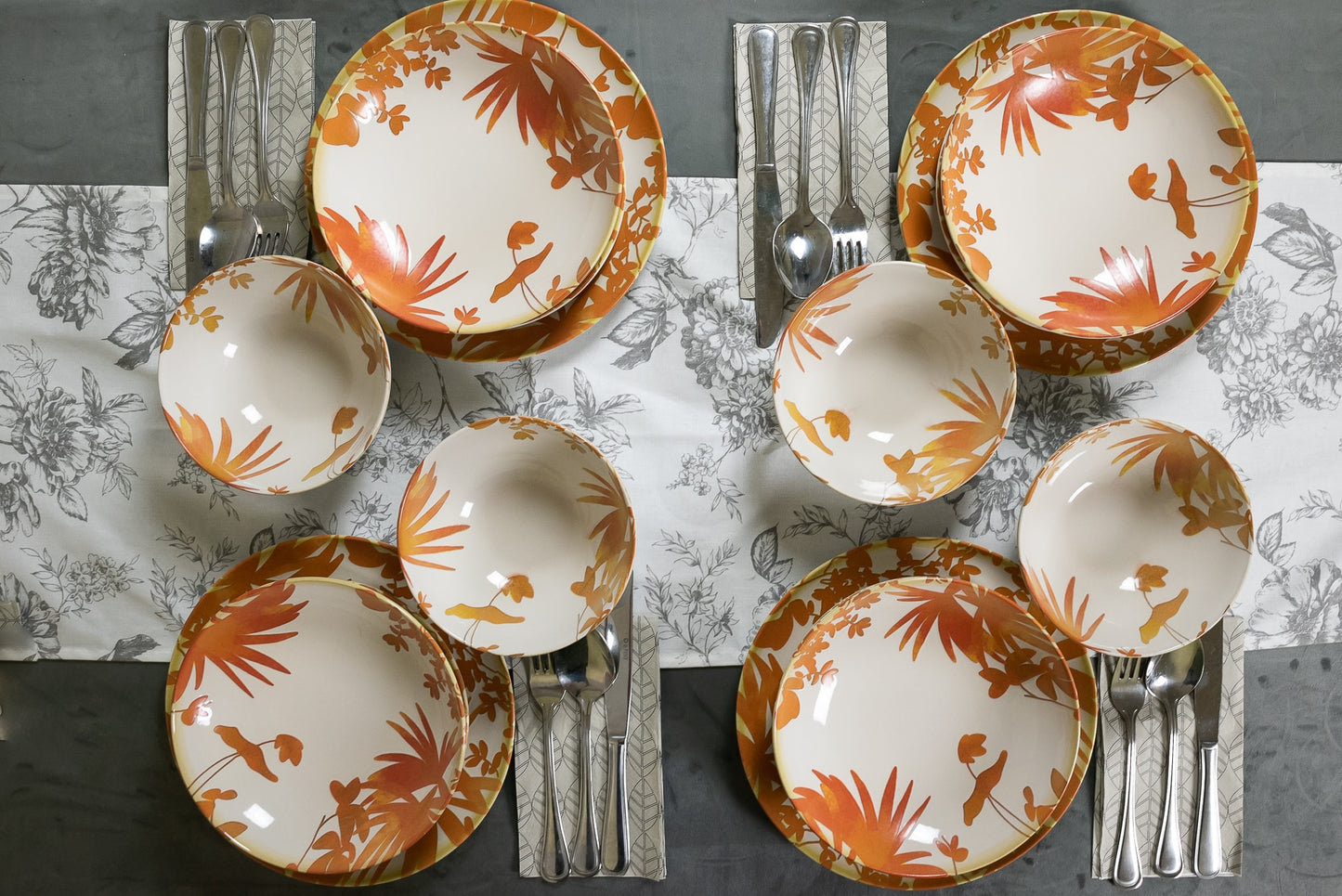 Set of 16 plates, for 4 people, Hawaii, Cesiro, Ivory white with orange leaves