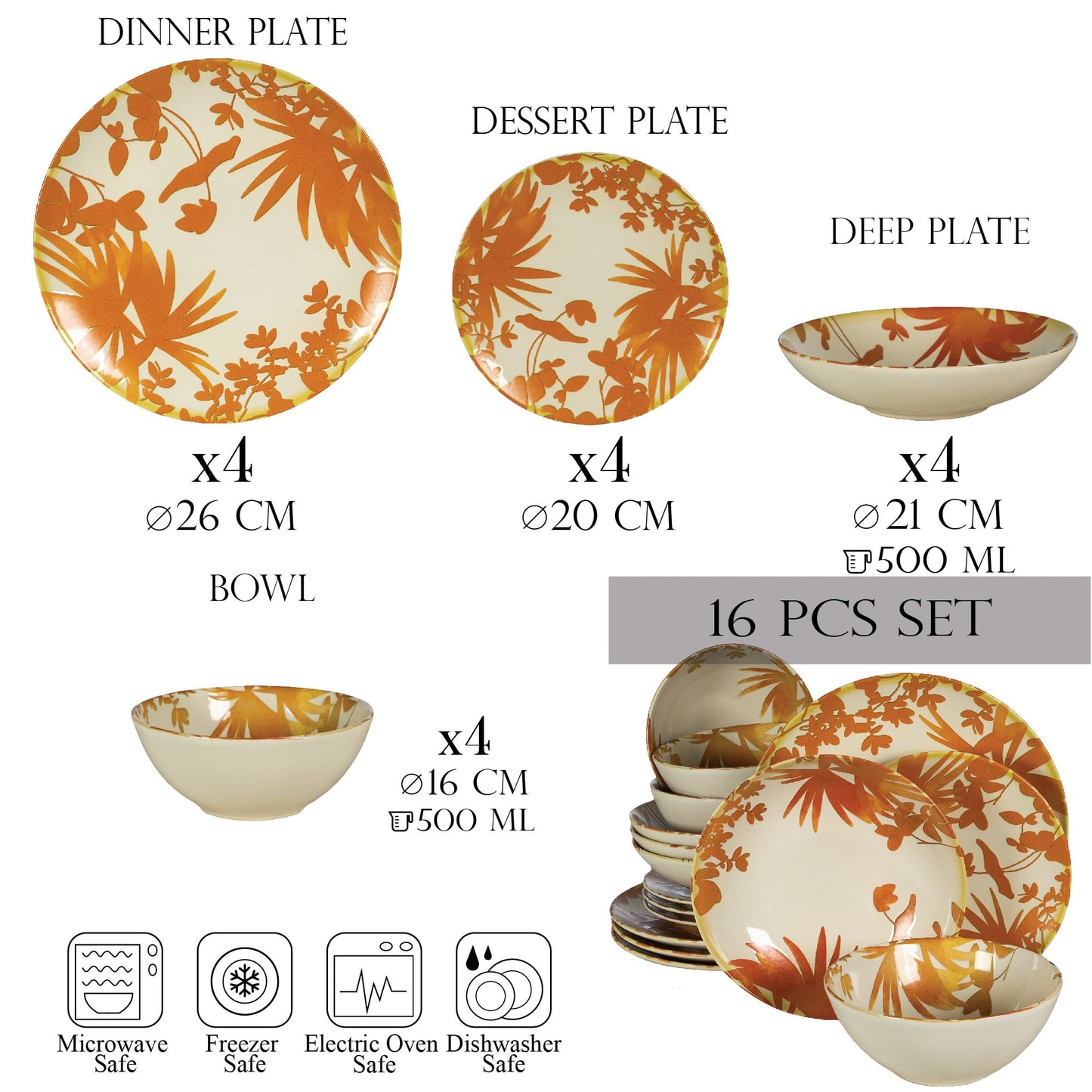 Set of 16 plates, for 4 people, Hawaii, Cesiro, Ivory white with orange leaves