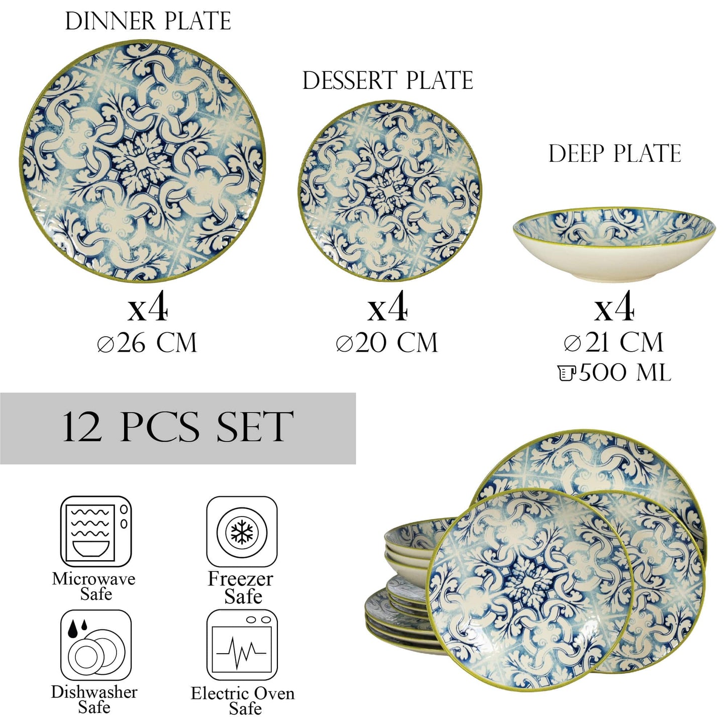 Plate set 12 pieces, for 4 people, Morocco, Cesiro, White Ivoire with blue