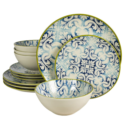 Plate set 12 pieces, for 4 people, Morocco, Cesiro, White Ivoire with blue