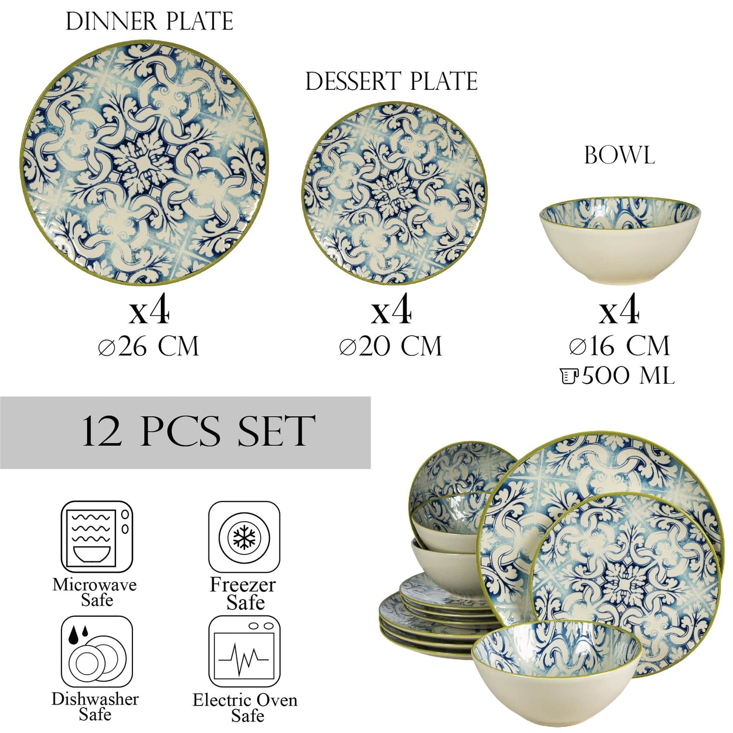 Plate set 12 pieces, for 4 people, Morocco, Cesiro, White Ivoire with blue