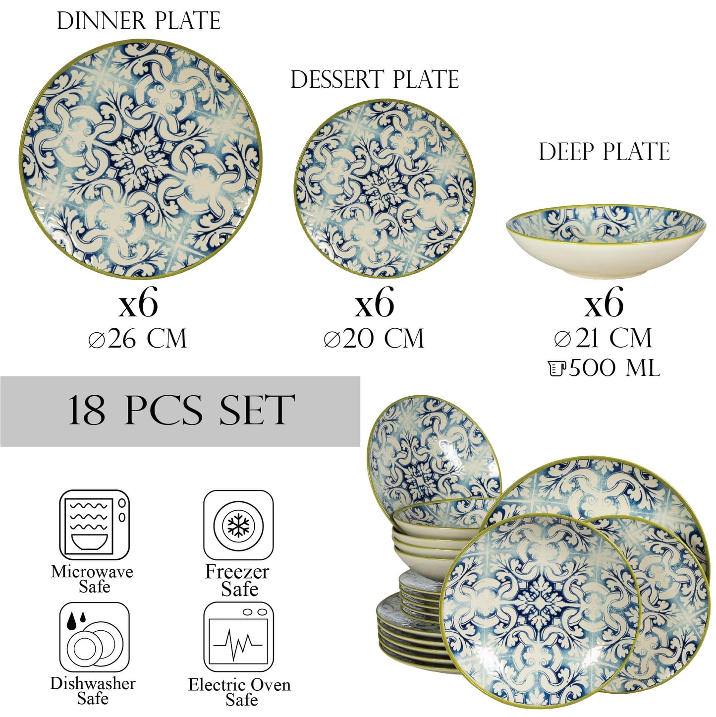 Plate set 18 pieces, for 6 people, Morocco, Cesiro, Ivory white with blue