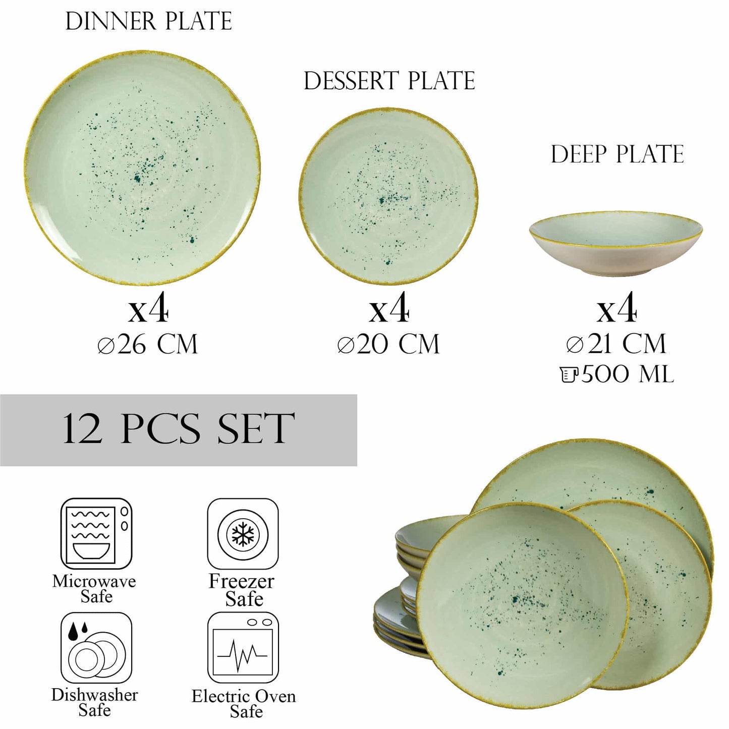 Plate set 12 pieces, for 4 people, Light Pistachio, Cesiro, Pastel Green