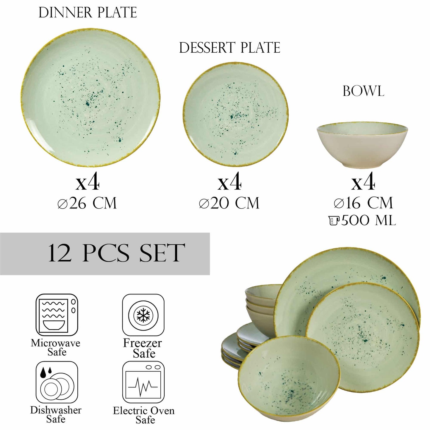 Plate set 12 pieces, for 4 people, Light Pistachio, Cesiro, Glossy Pastel Green