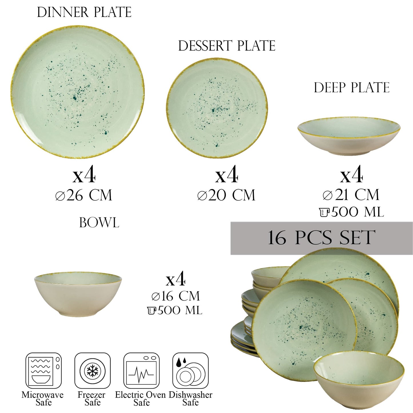 Plate set 18 pieces, for 6 people, Light Pistachio, Cesiro, Pastel Green