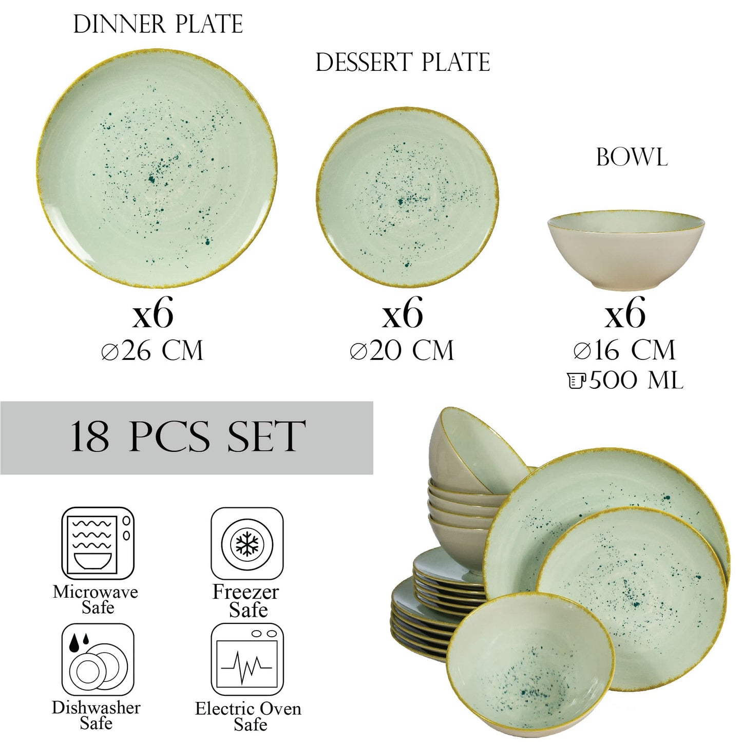 Servizio piatti 18 pezzi, per 6 persone, Pistacchio Chiaro, Cesiro, Verde Pastello Lucido