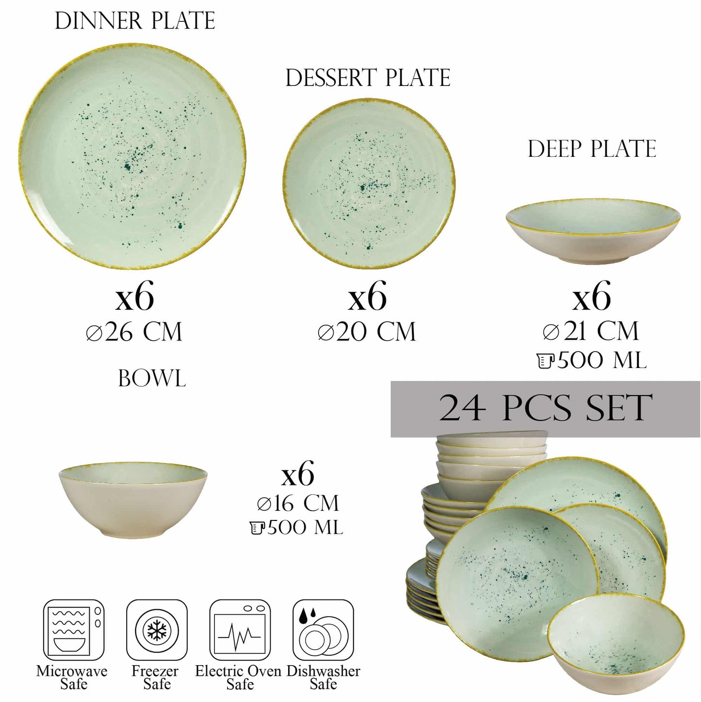 Set farfurii 24 piese, pentru 6 persoane, Light Pistachio, Cesiro, Verde Pastel