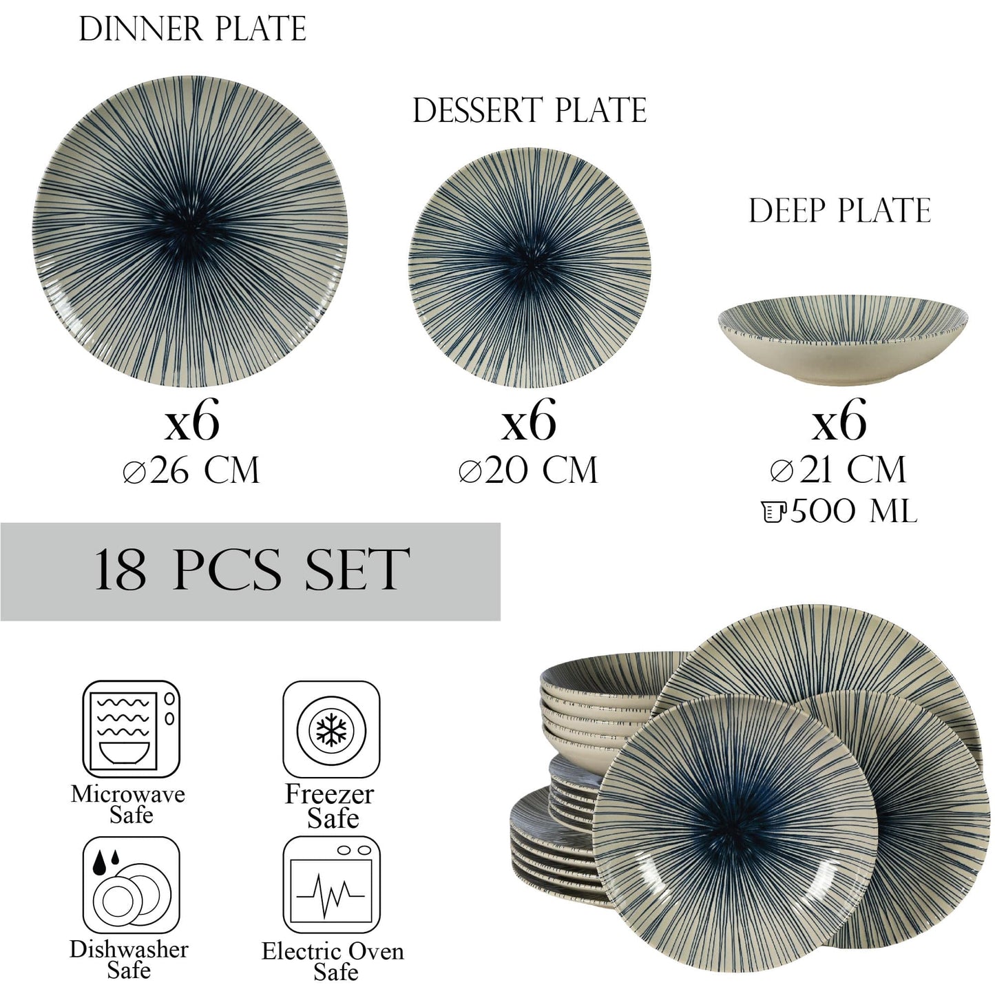Комплект чинии 18 части, за 6 души, MoonLight, Cesiro, White Ivoire със сини линии