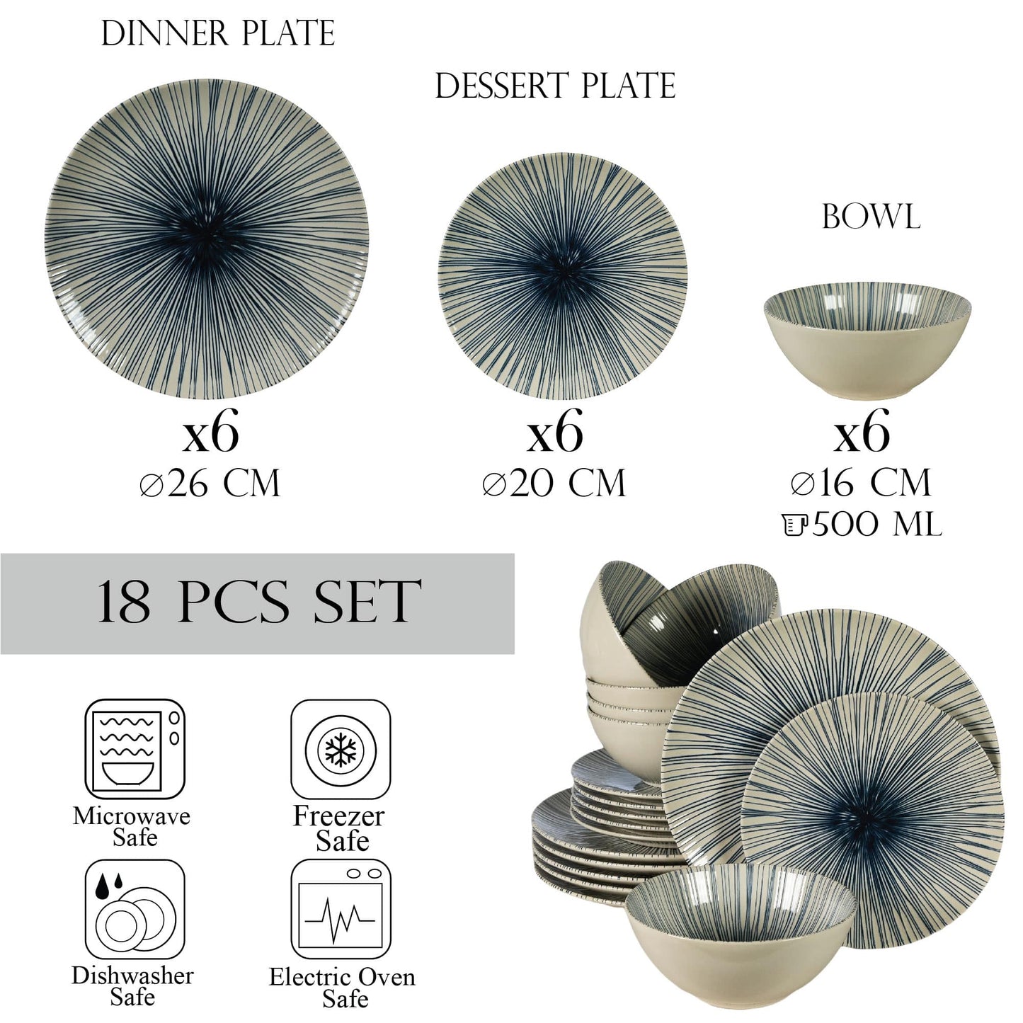 Juego de platos 18 piezas, para 6 personas, MoonLight, Blanco Marfil Brillo con líneas azules