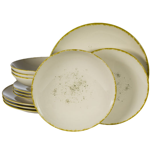 Plate set 12 pieces, for 4 people, Ivory Stone, Cesiro, White Ivoire with golden edge