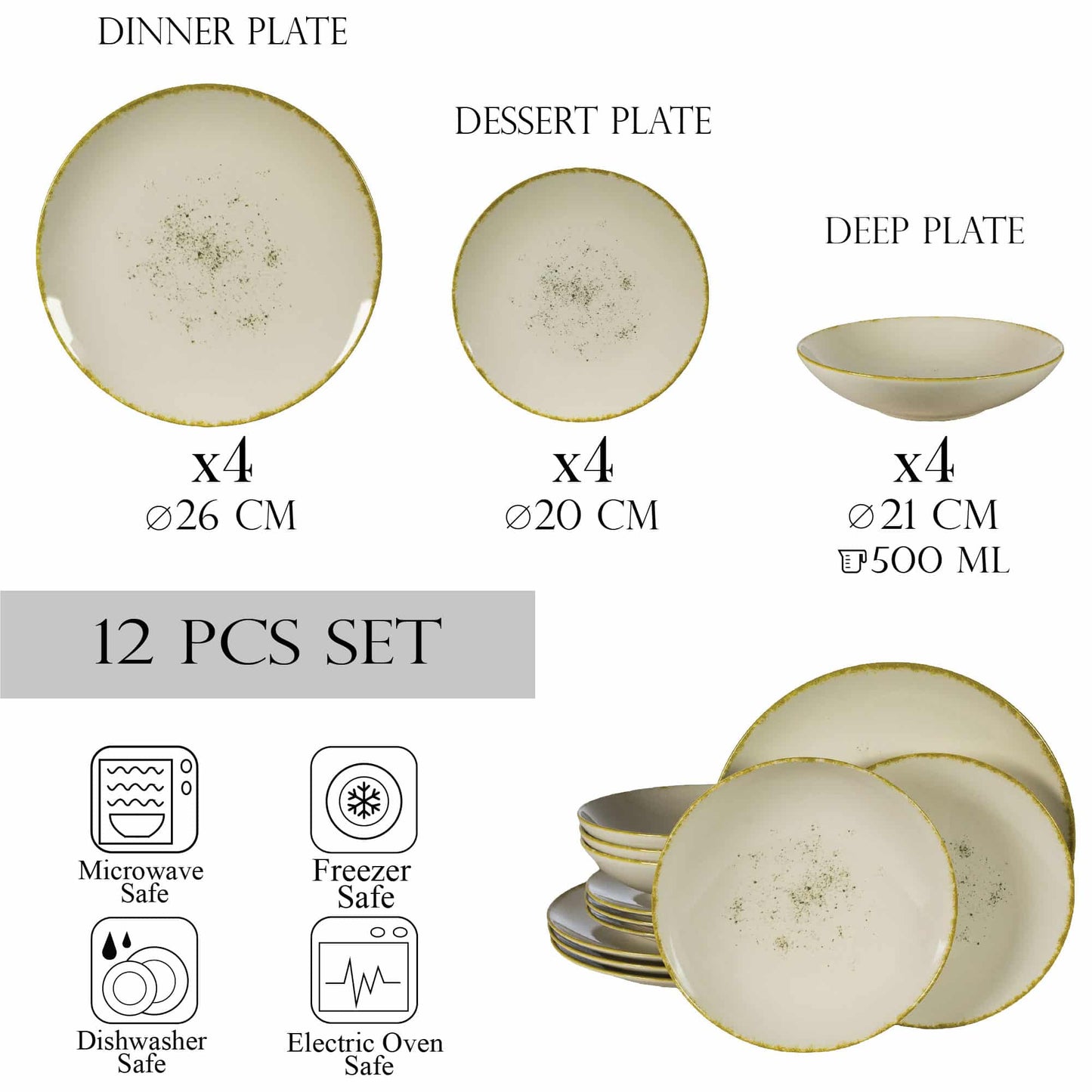 Plate set 12 pieces, for 4 people, Ivory Stone, Cesiro, White Ivoire with golden edge