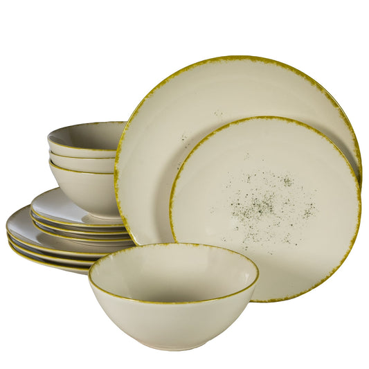 Plate set 12 pieces, for 4 people, Ivory Stone, Cesiro, Glossy Ivory White with gold edge