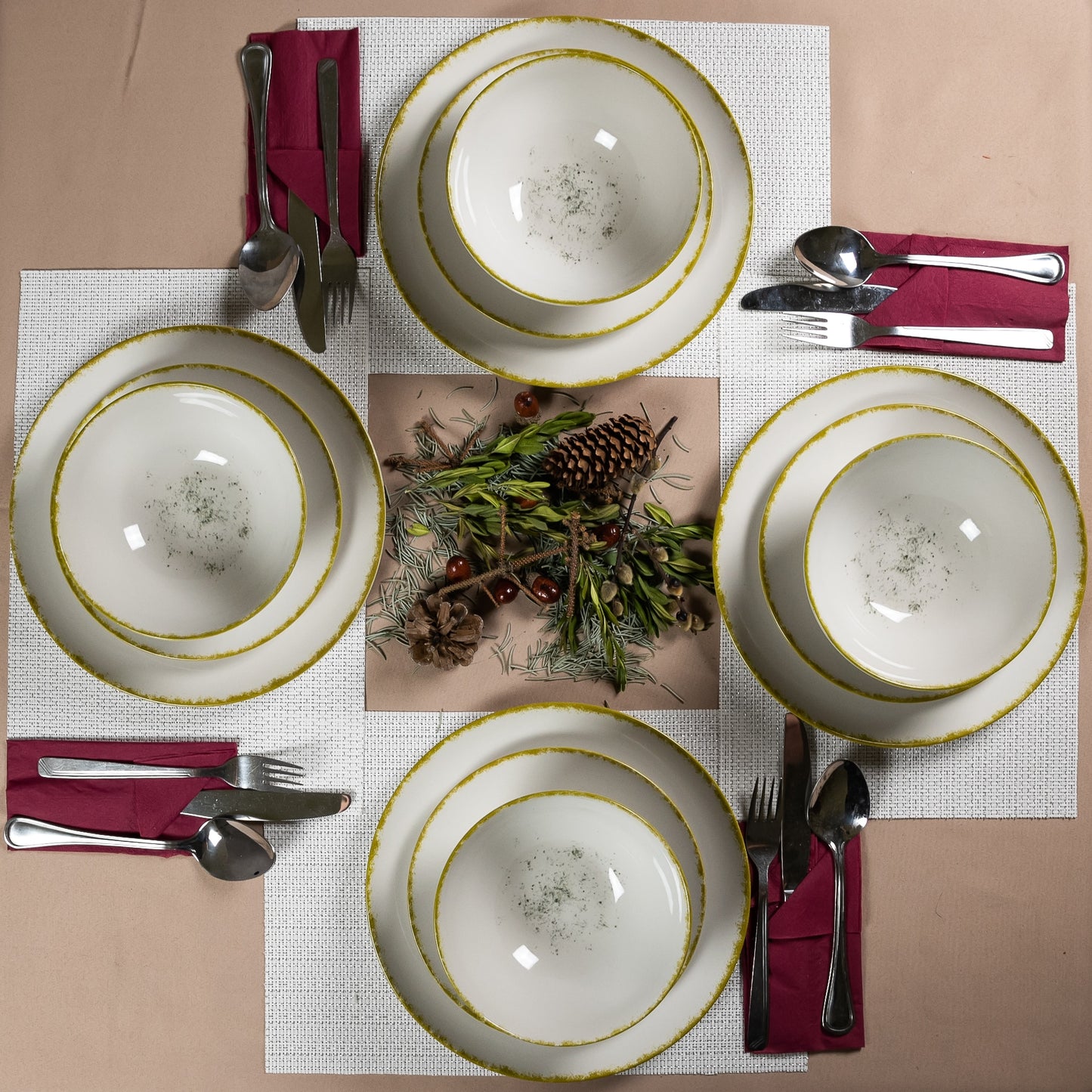 Plate set 12 pieces, for 4 people, Ivory Stone, Cesiro, Glossy Ivory White with gold edge