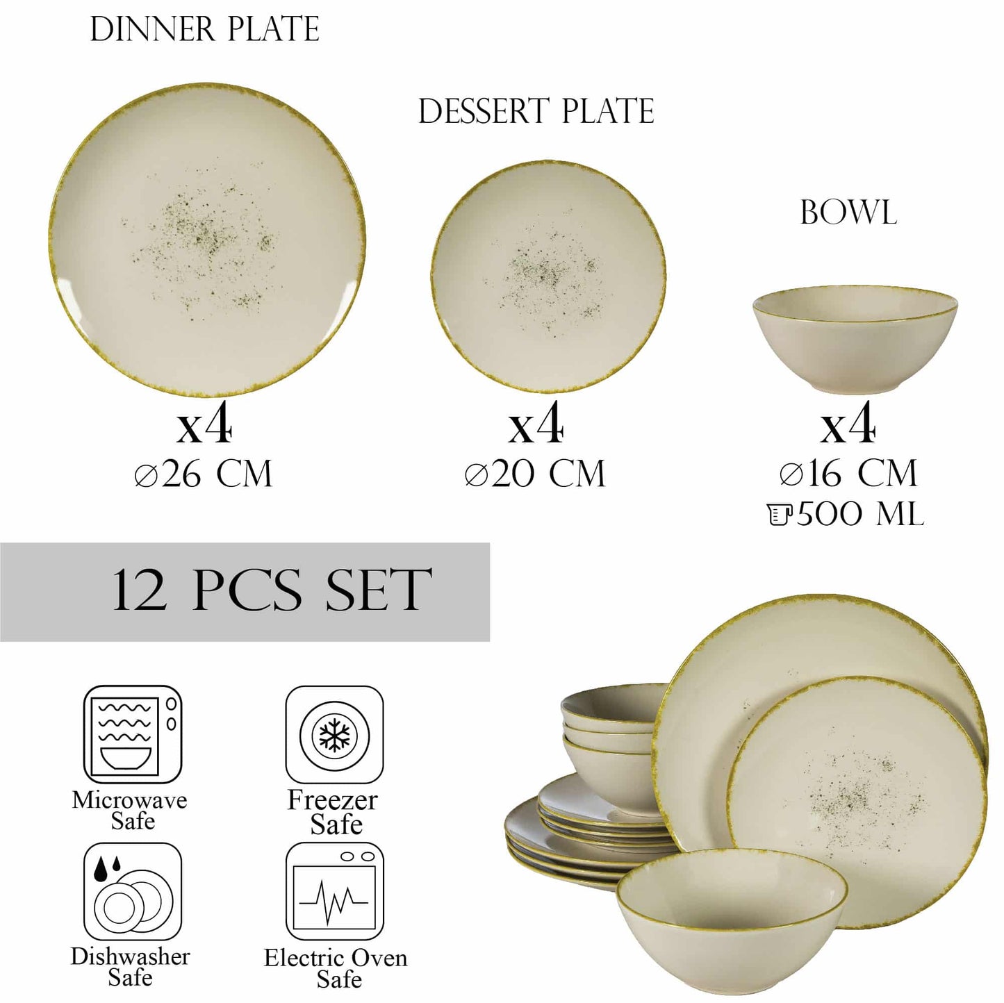 Plate set 12 pieces, for 4 people, Ivory Stone, Cesiro, Glossy Ivory White with gold edge