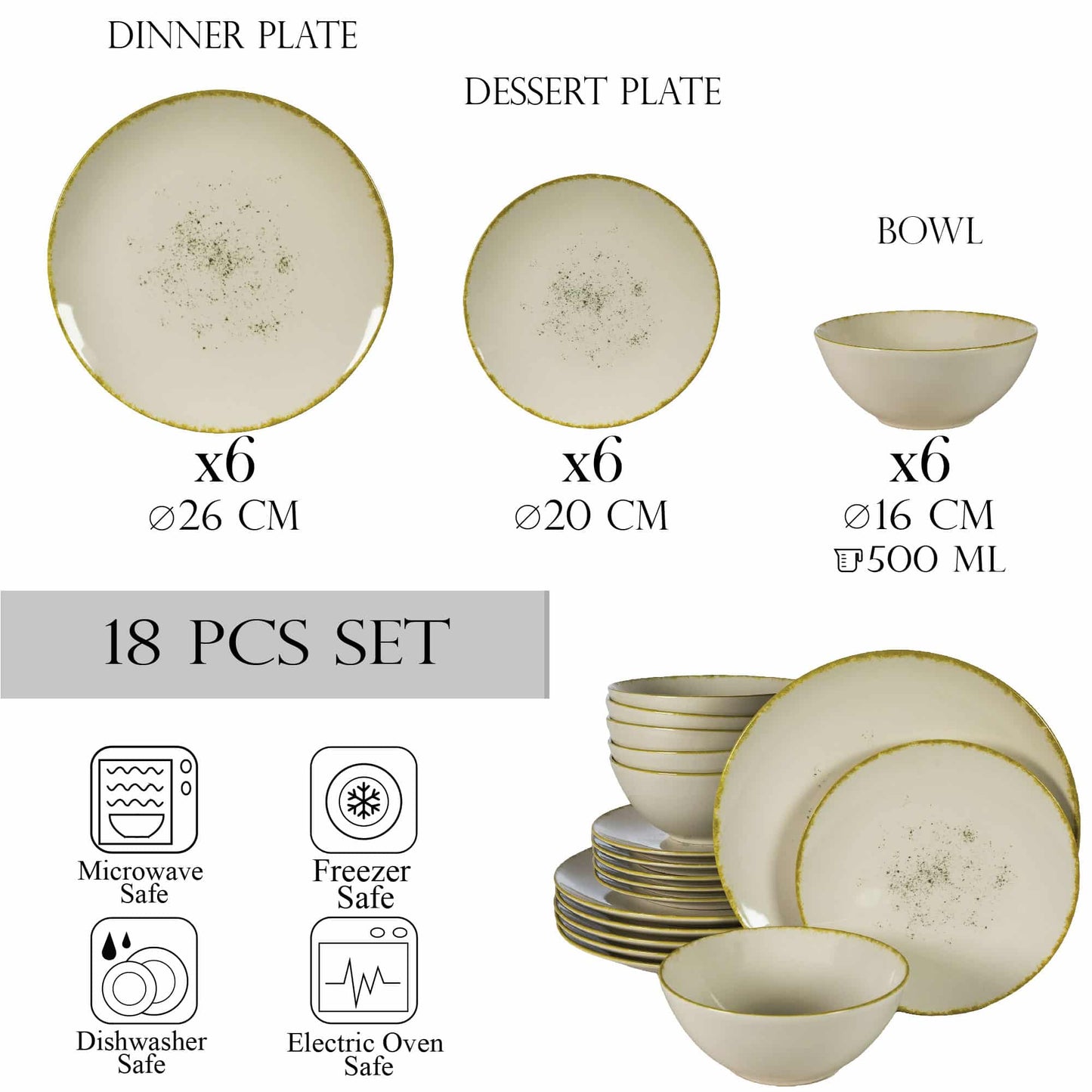 Plate set 18 pieces, for 6 people, Ivory Stone, Cesiro, Glossy Ivory White with gold edge