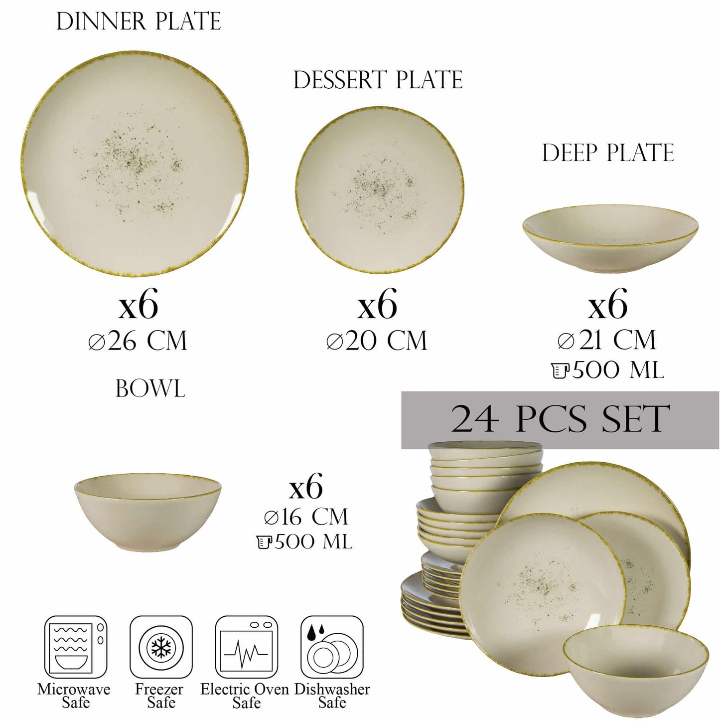 Set farfurii 24 piese, pentru 6 persoane, Ivory Stone, Cesiro, Alb Ivoire cu margine aurie