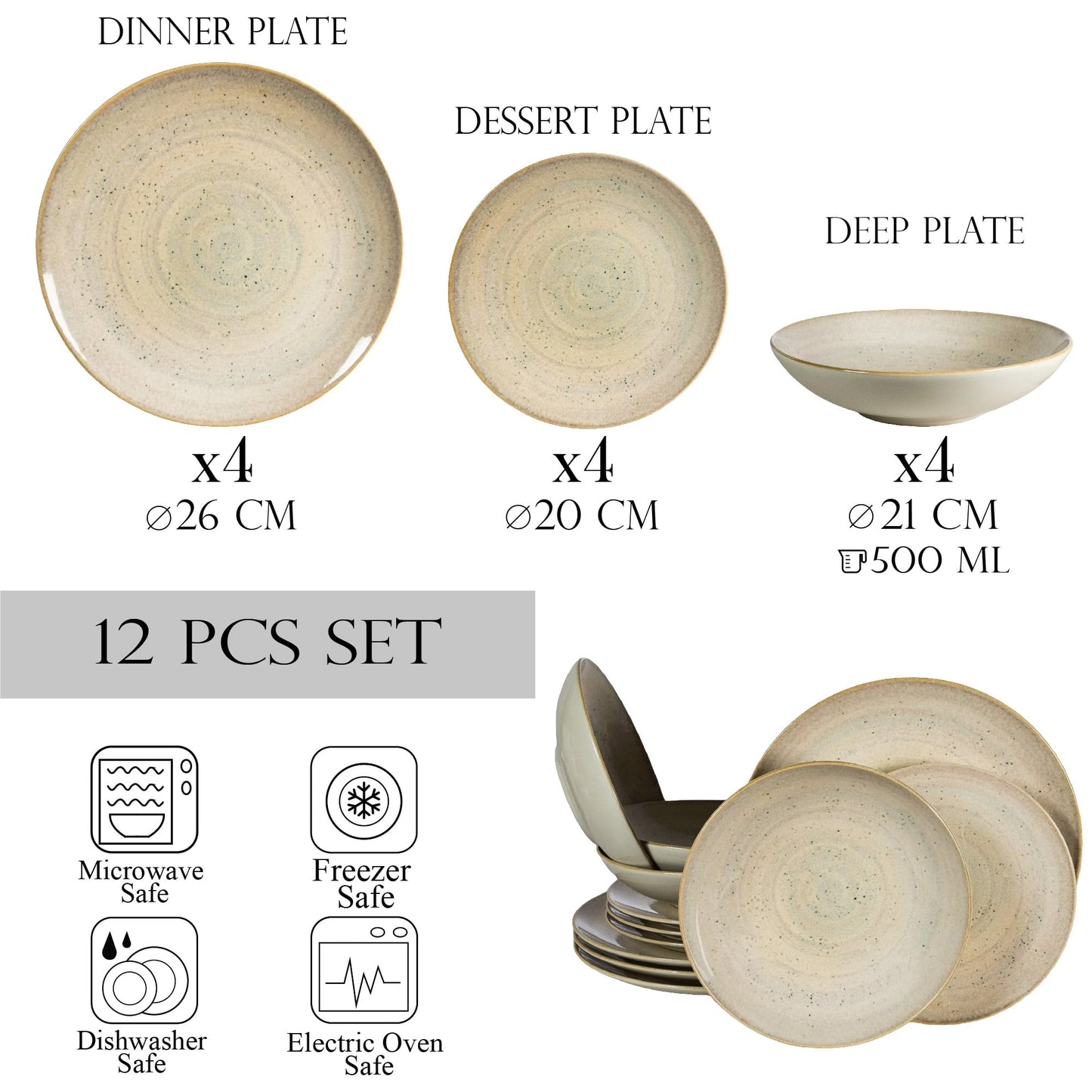 Plate set 12 pieces, for 4 people, Shell, Cesiro, Light cream