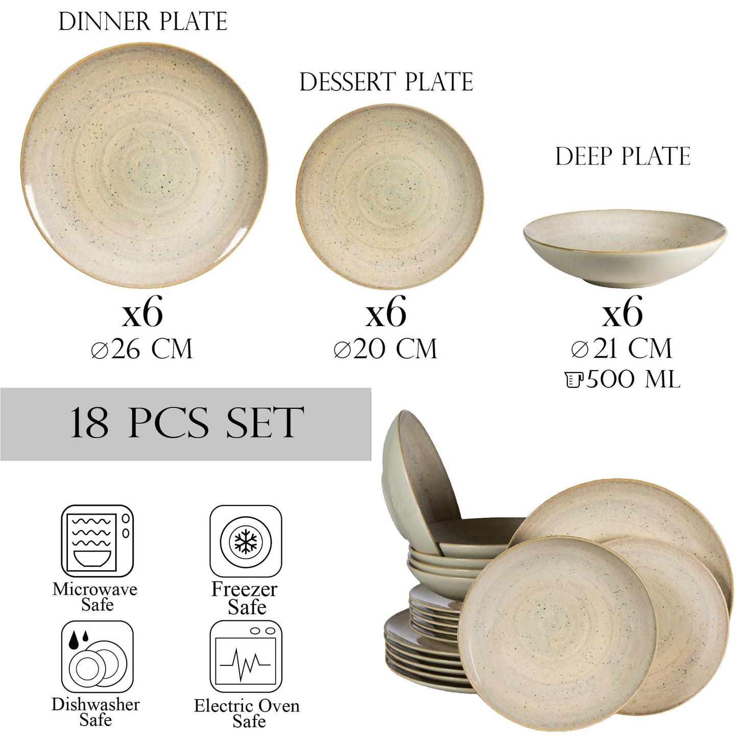 Set farfurii 18 piese, pentru 6 persoane, Shell, Cesiro, Crem deschis