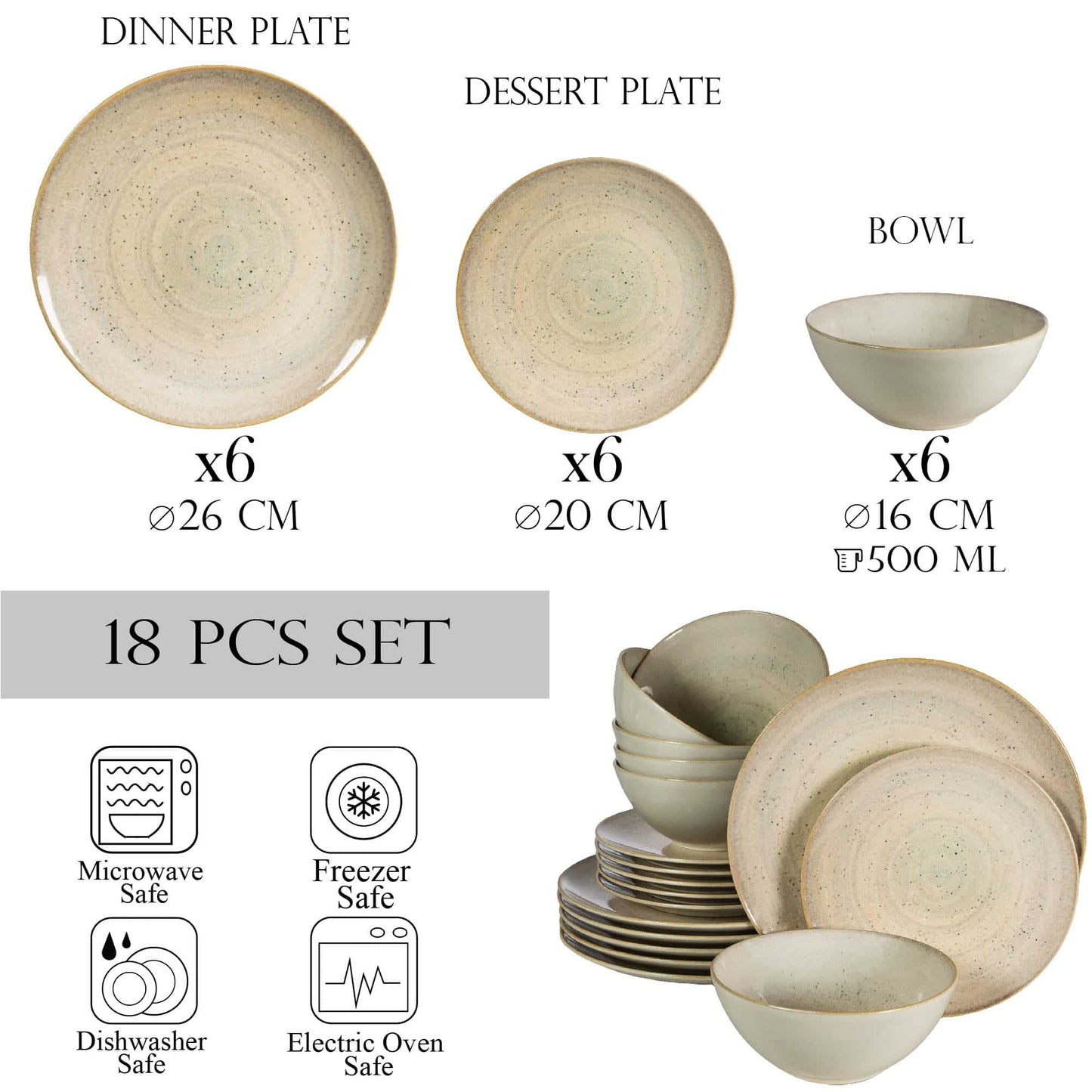 Set farfurii 18 piese, pentru 6 persoane, Shell, Cesiro, Crem deschis lucios