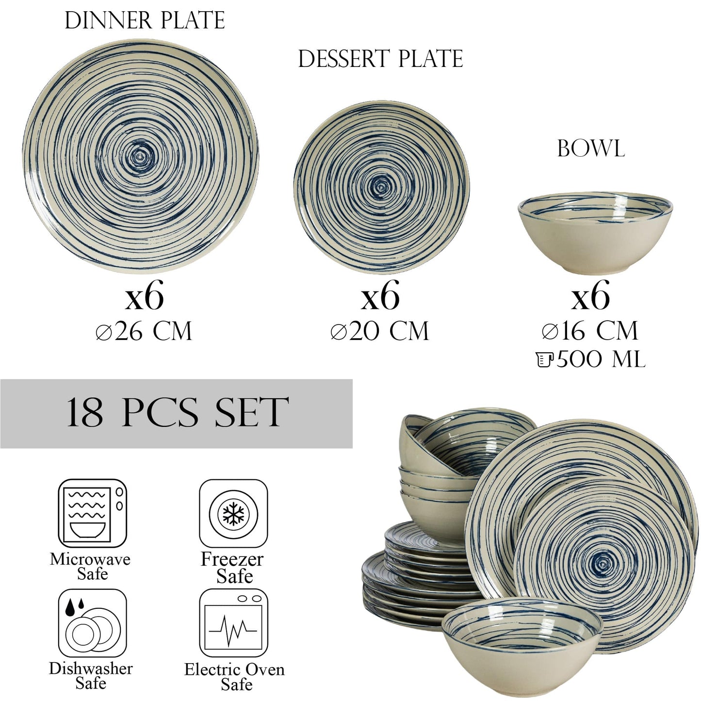 Juego de platos 18 piezas, para 6 personas, Maritime, Cesiro, Blanco Marfil brillante con azul