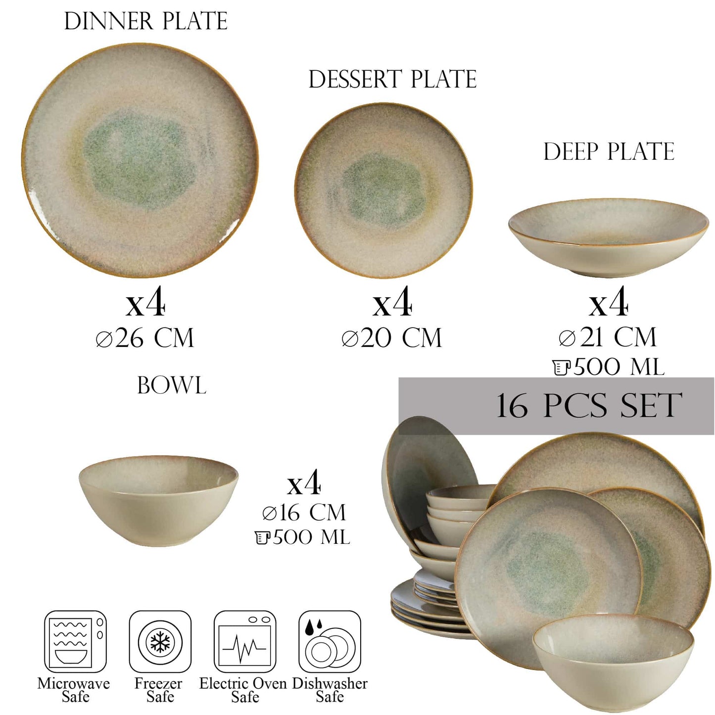 Plate set 16 pieces, for 4 people, Shell, Cesiro, Light cream with brown rim