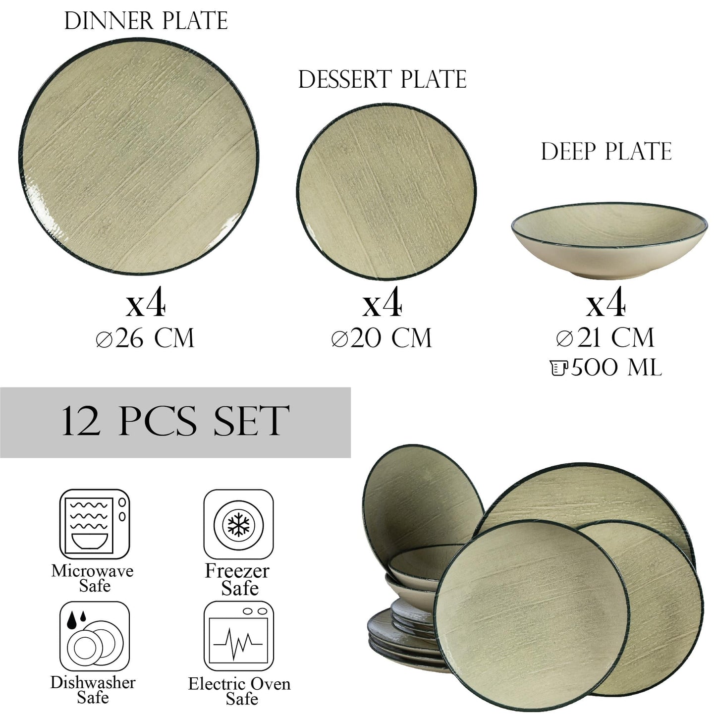 Tellerset 12-teilig, für 4 Personen, Sand, Cesiro, Weißes Elfenbein mit schwarzem Rand