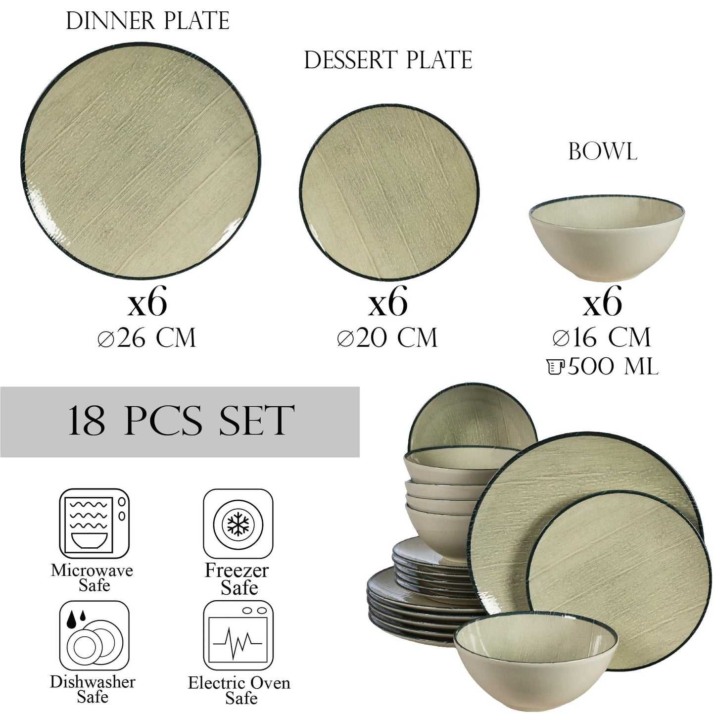 Tellerset 18-teilig, für 6 Personen, Sand, Cesiro, glänzendes Elfenbeinweiß mit schwarzem Rand