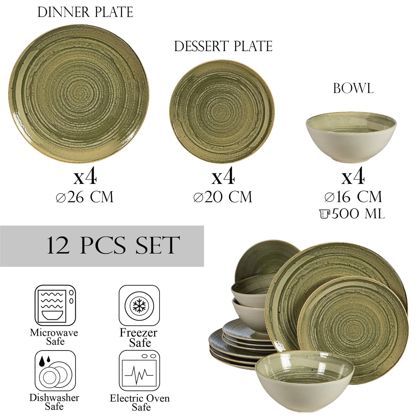 Комплект чинии от 12 части, за 4 души, пясък, чезиро, гланцово бяло и сиво-зелено