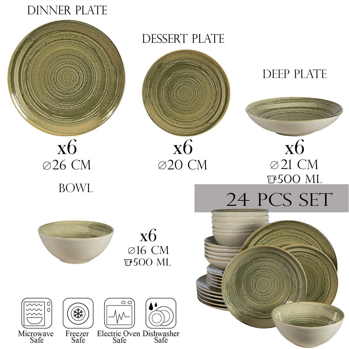 Комплект чинии 24 части, за 6 души, пясък, чезиро, бяла слонова кост и сиво-зелено