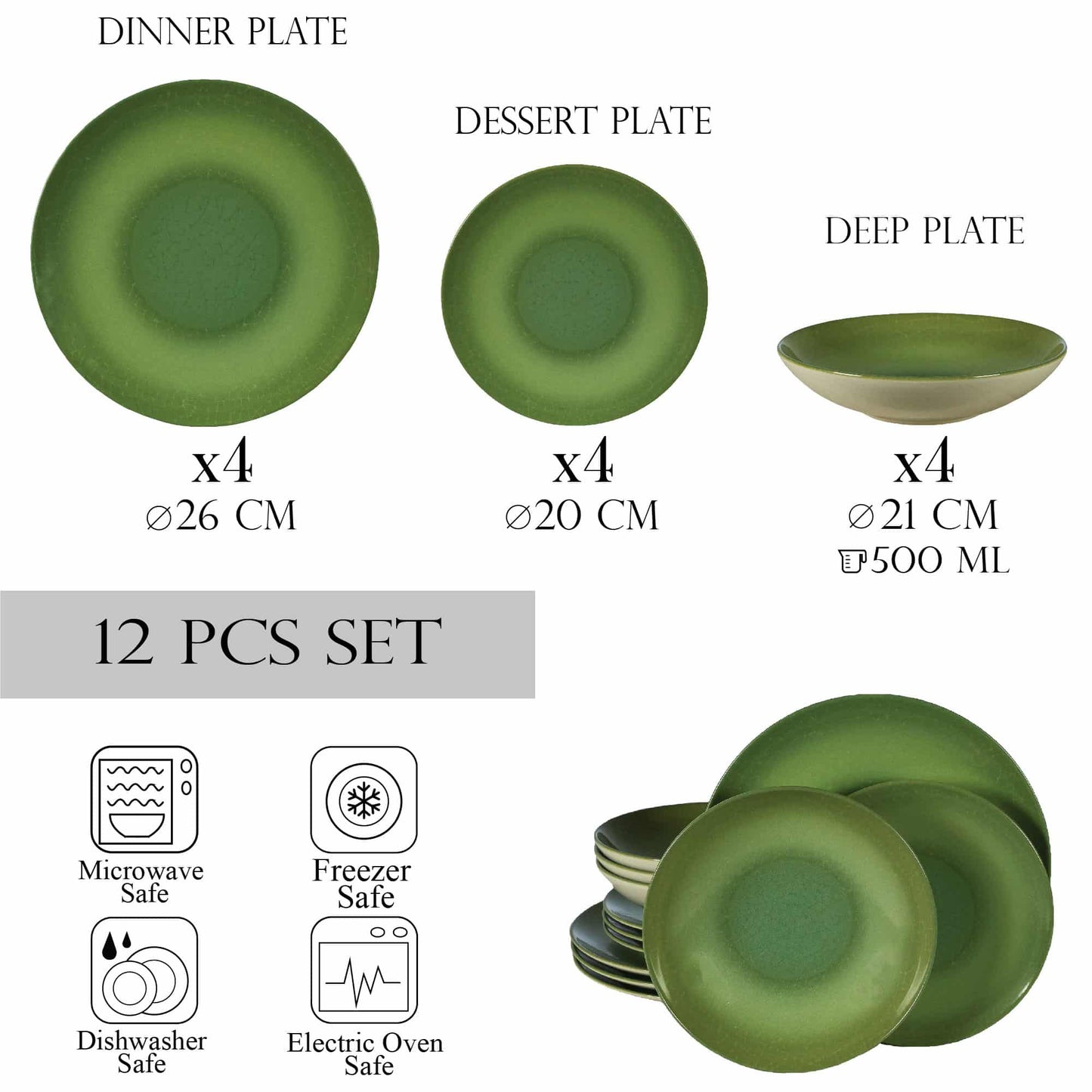 Tellerset 12-teilig, für 4 Personen, Kiwi, Cesiro, Weißes Ivoire mit Grün