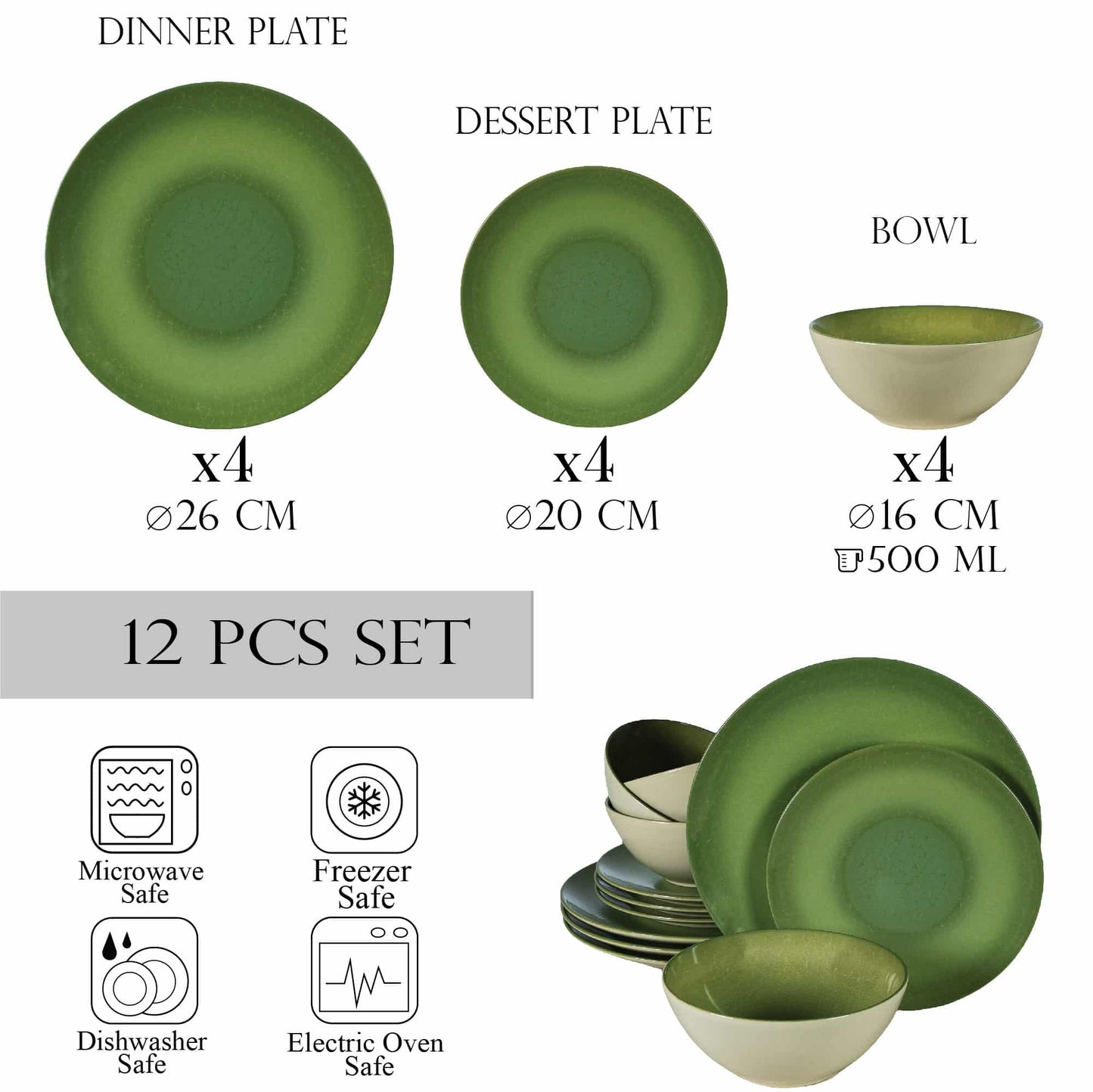 Комплект чинии 12 части, за 4 човека, Kiwi, Cesiro, White Ivoire glossy with green