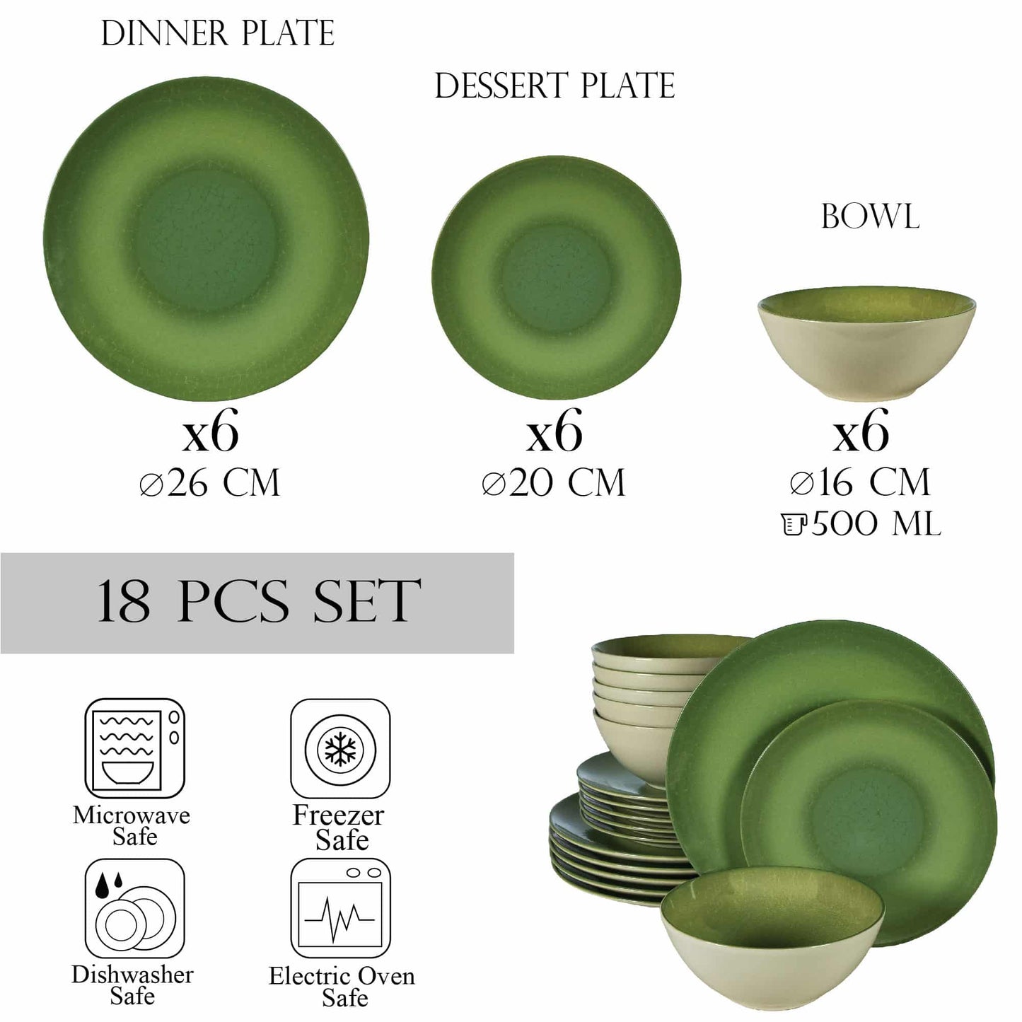 Комплект чинии 18 части, за 6 човека, Kiwi, Cesiro, White Ivoire glossy with green