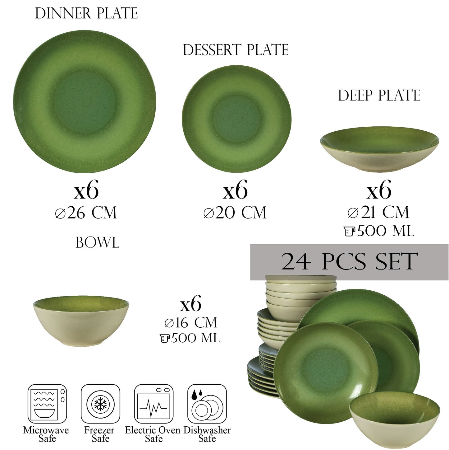 Комплект чинии 24 части, за 6 души, Киви, Чезиро, Бяла Слонова кост със зелено