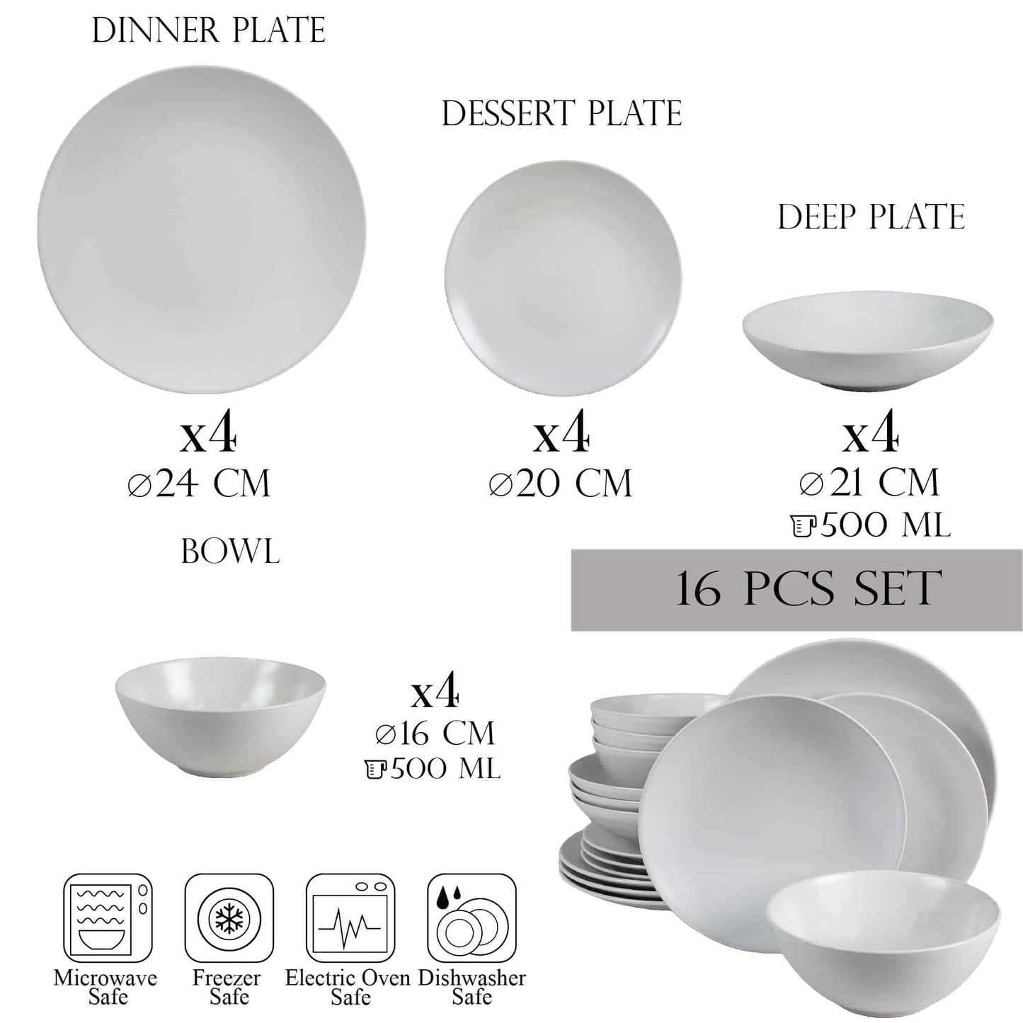 Plate set 16 pieces, for 4 people, Snow, Cesiro, Matt White