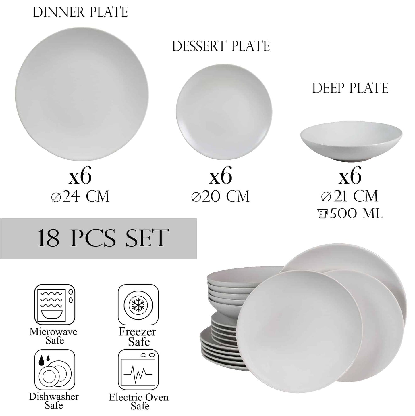 Set farfurii 18 piese, pentru 6 persoane, Snow, Cesiro, Alb Mat