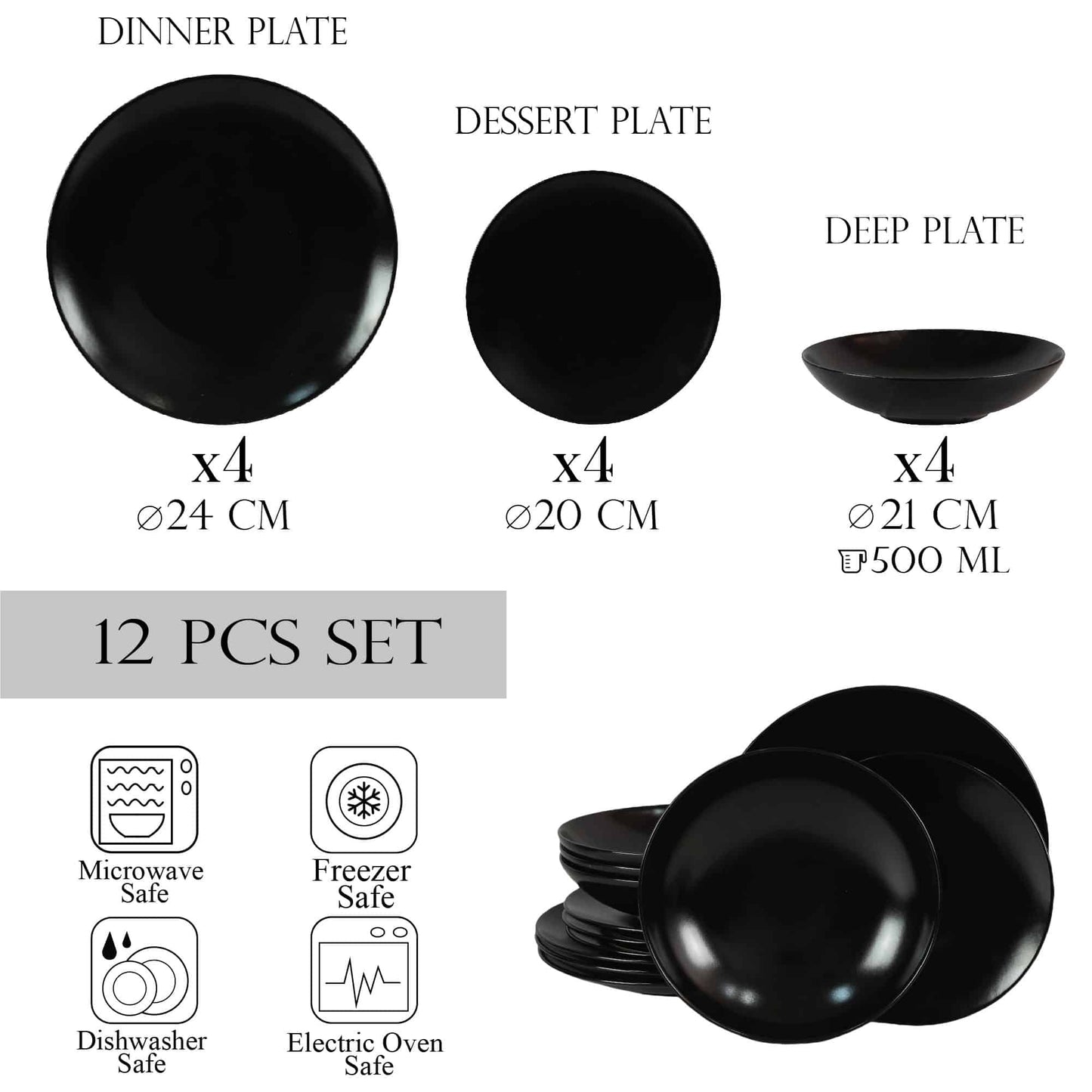 Plate set 12 pieces, for 4 people, Night, Cesiro, Matt Black