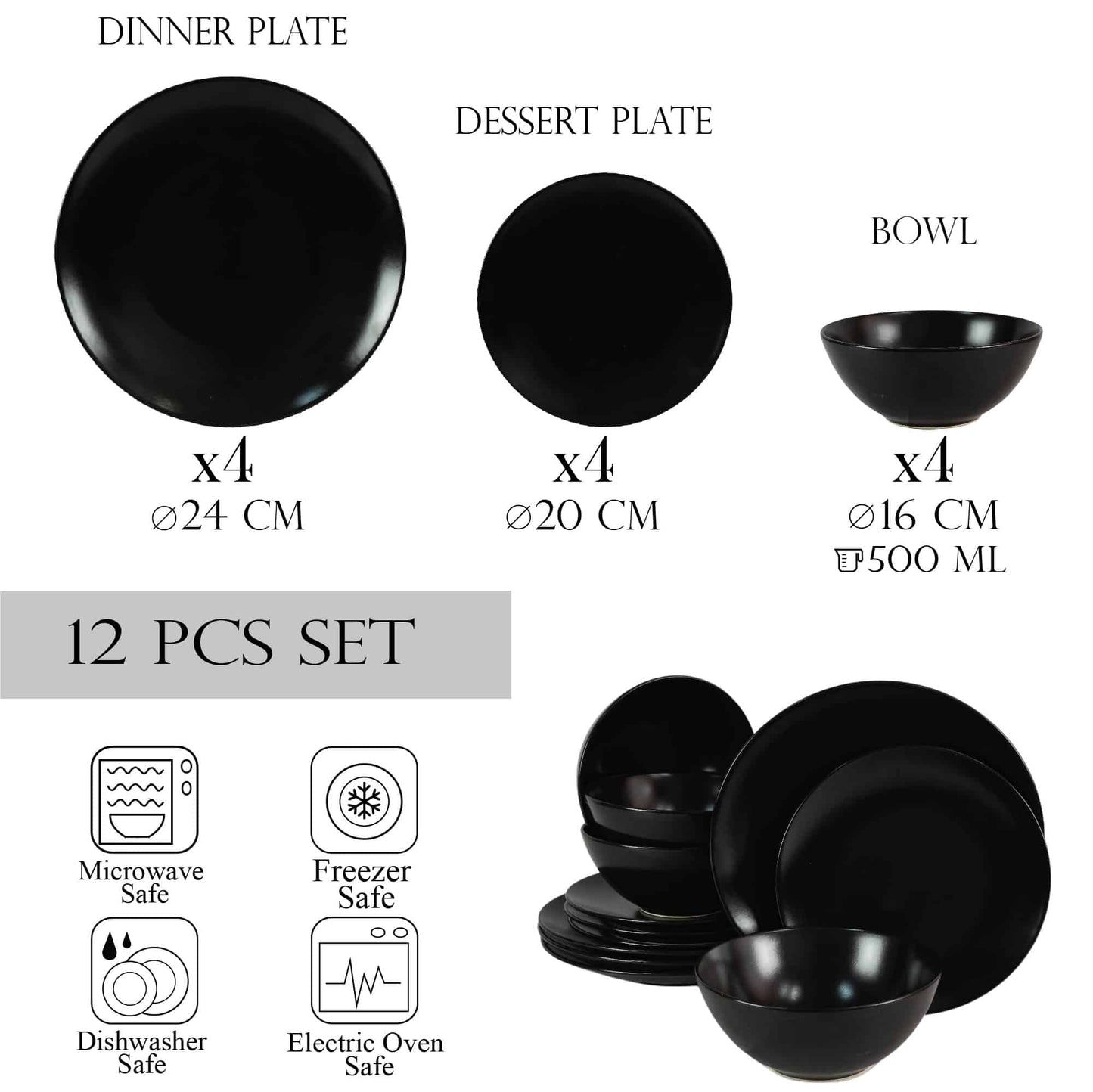 Plate set 12 pieces, for 4 people, Night, Cesiro, Black Abis Mat