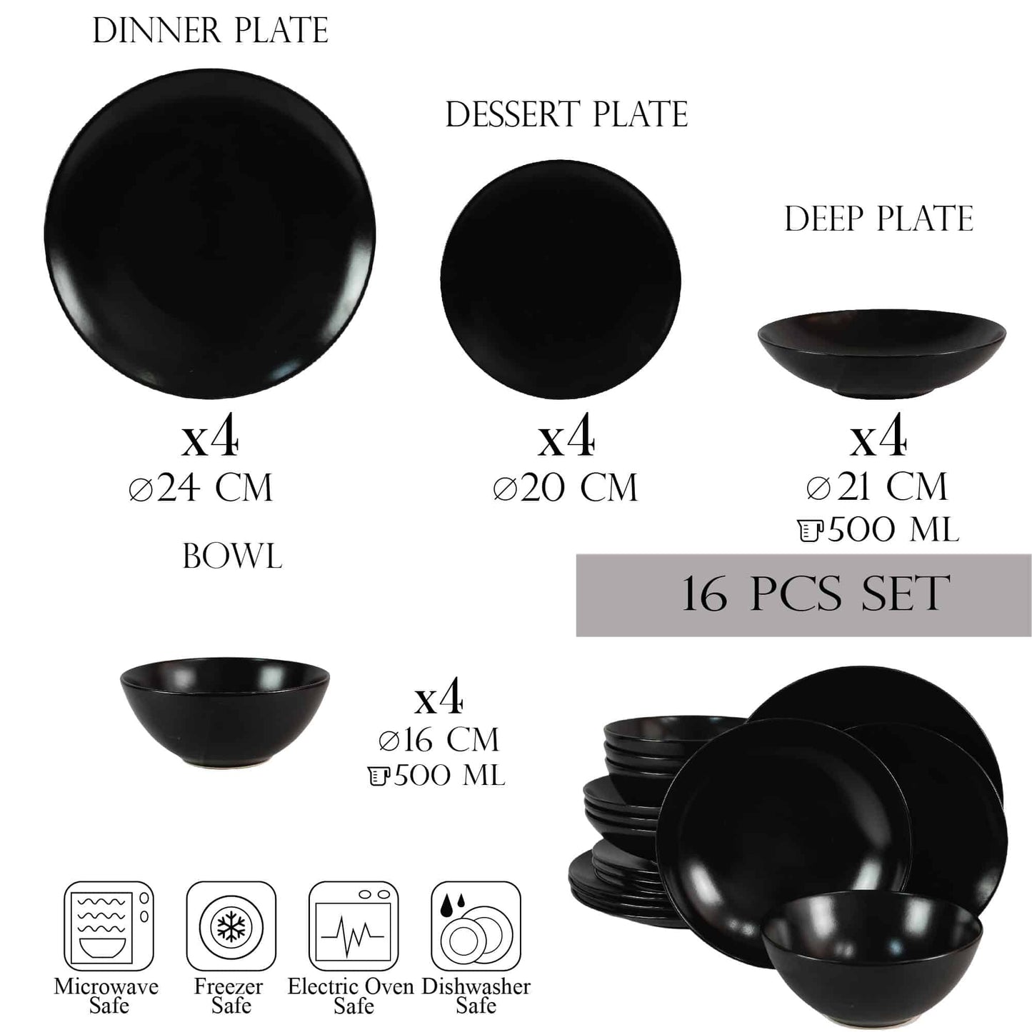 Plate set 16 pieces, for 4 people, Night, Cesiro, Matt Black