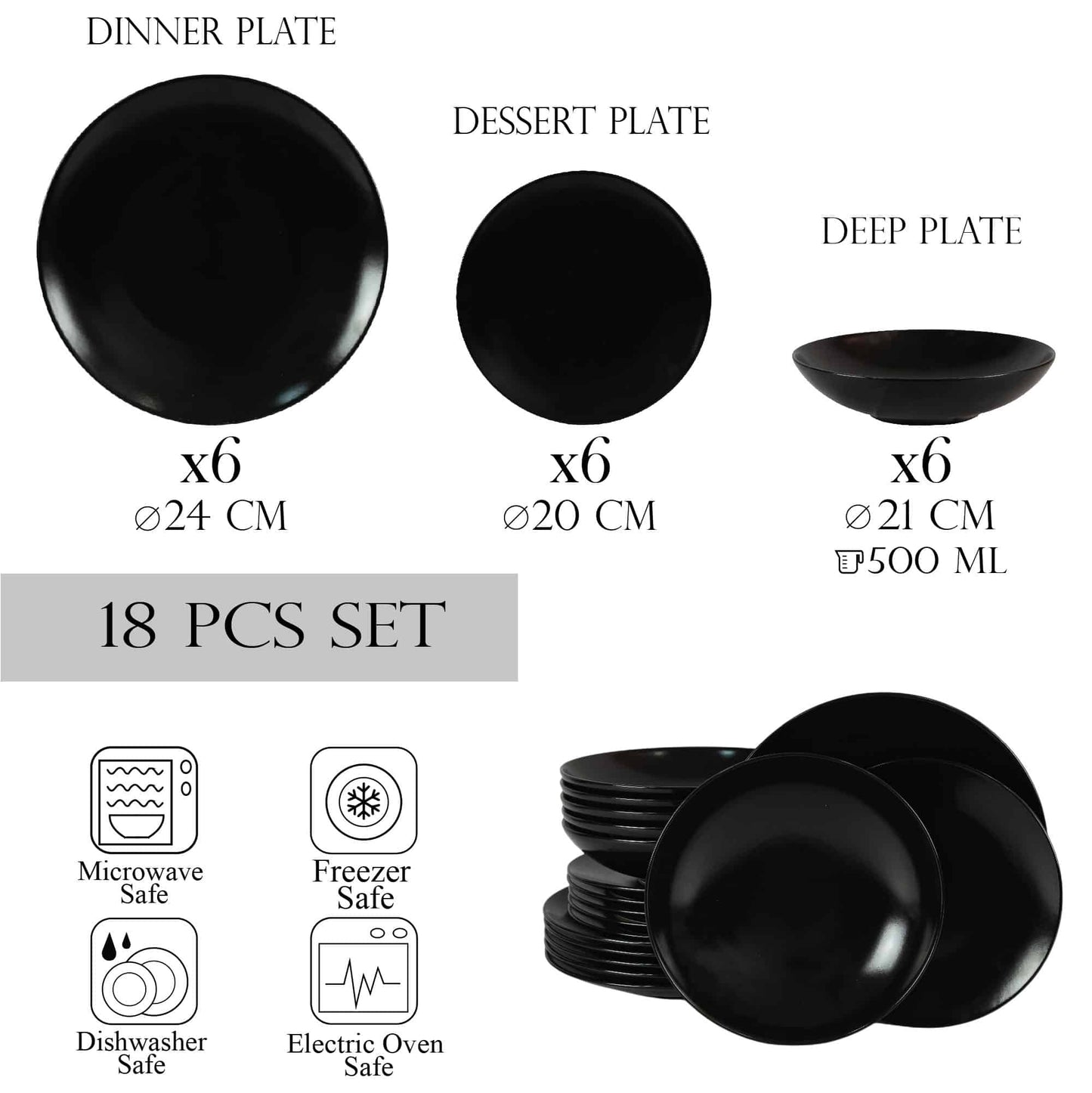 Set farfurii 18 piese, pentru 6 persoane, Night, Cesiro, Negru Mat