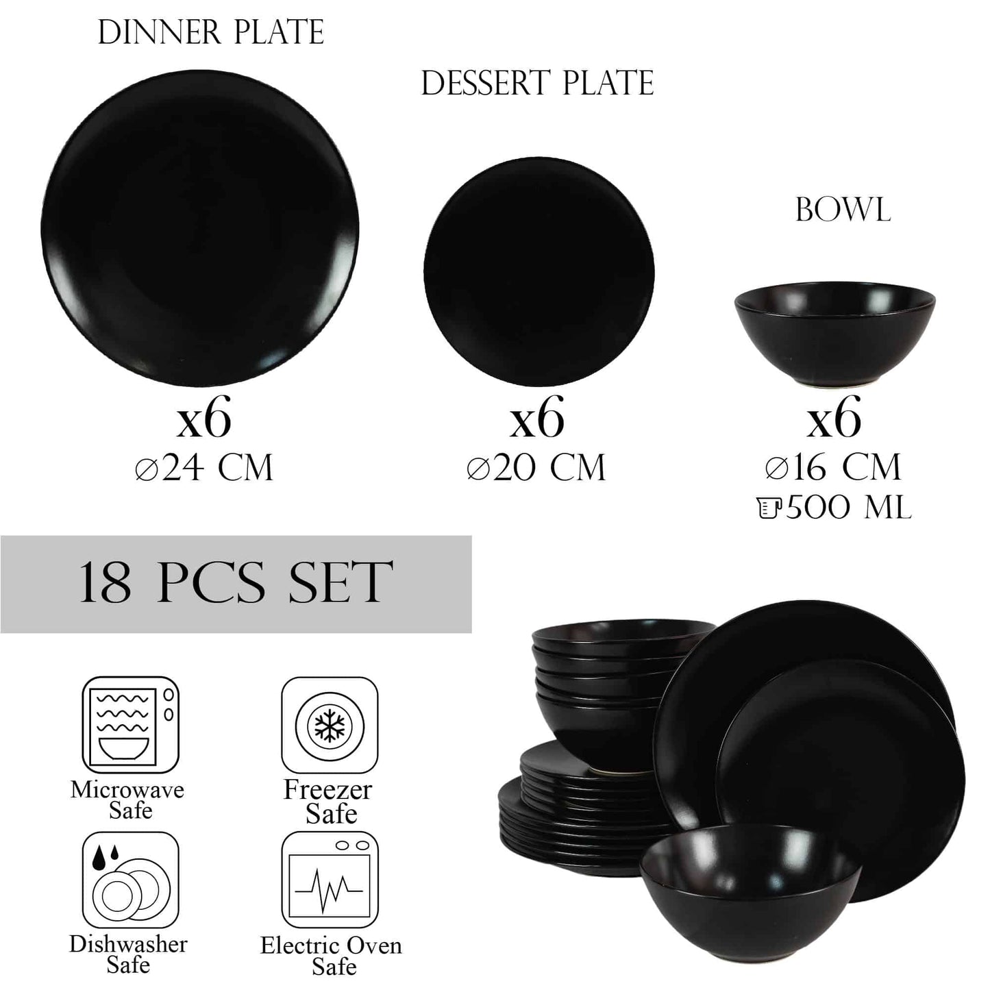 Set farfurii 18 piese, pentru 6 persoane, Night, Cesiro, Negru Abis Mat