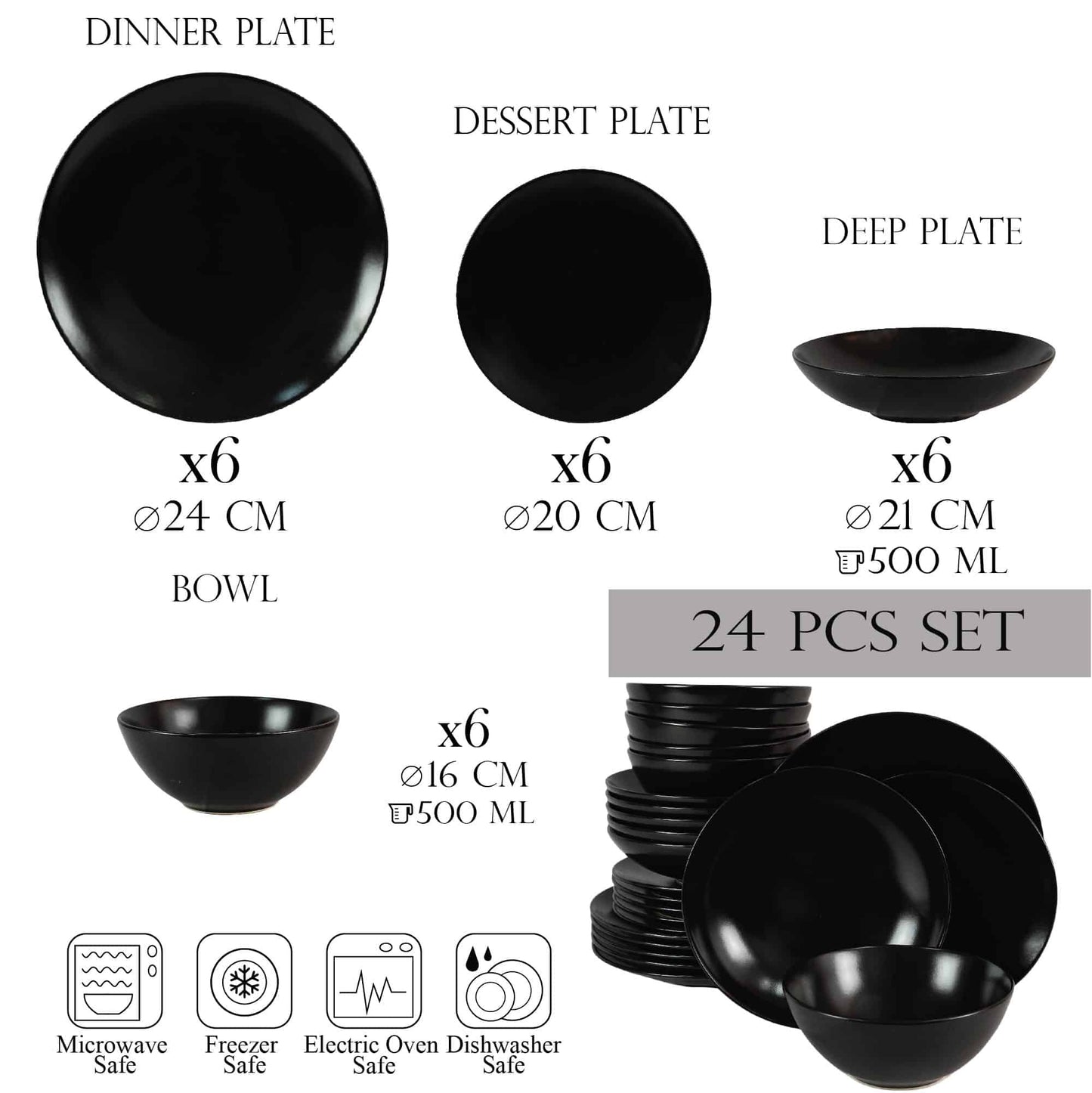 Set farfurii 24 piese, pentru 6 persoane, Night, Cesiro, Negru Mat