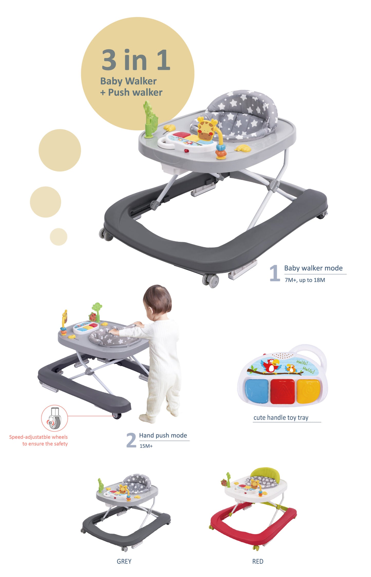 Girello per bambini pieghevole 2 in 1, Ruote in silicone, Freno, Giochi, Altezza regolabile, Età 6-18 mesi, JOLLY KIDS, JK1508/GRI