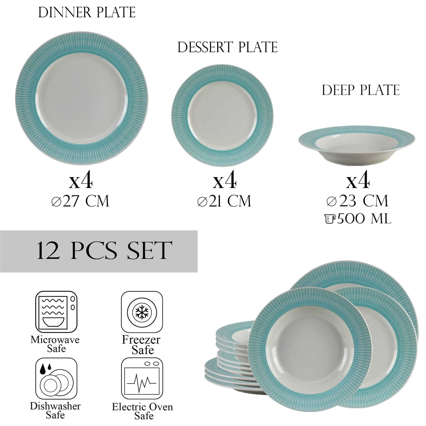 Plate set 12 pieces, for 4 people, Ivory, Cesiro, White Ivoire with turquoise