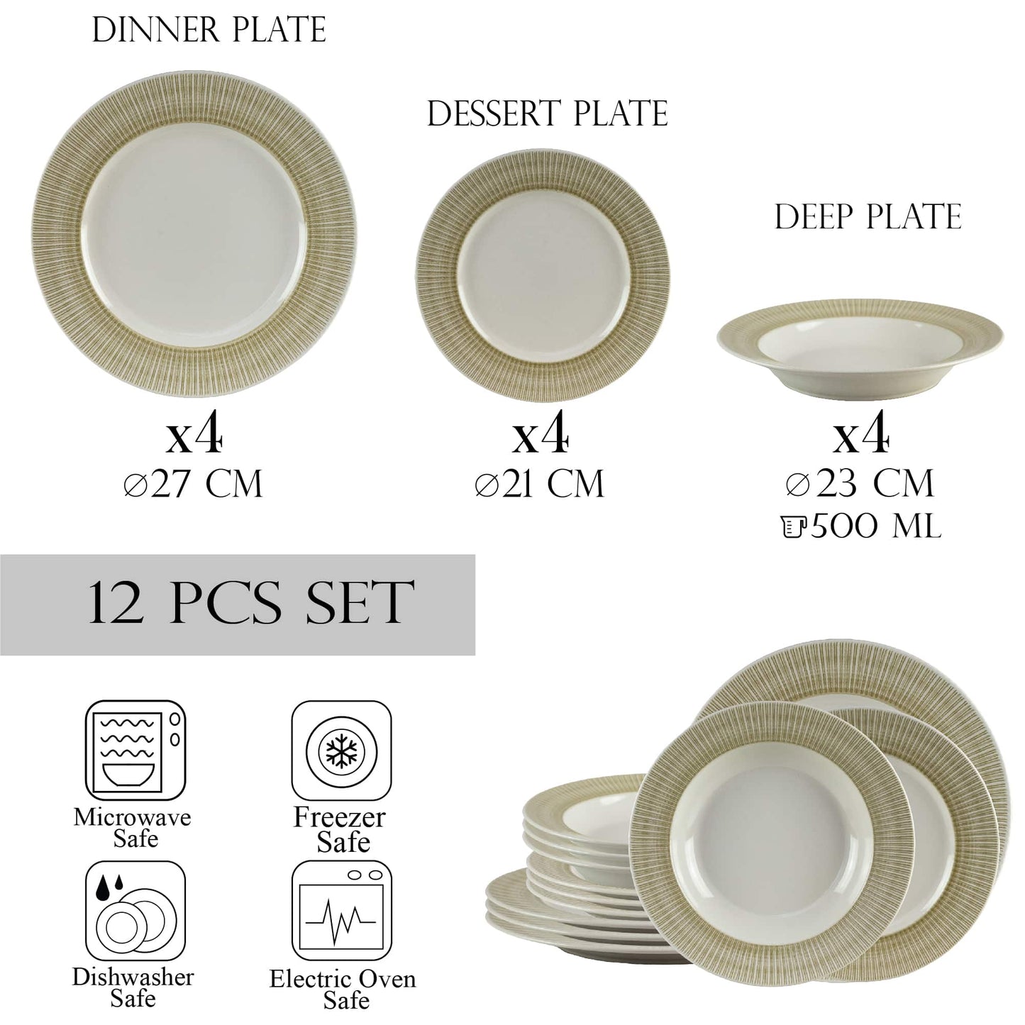 Plate set 12 pieces, for 4 people, Ivory, Cesiro, White Ivoire with cream