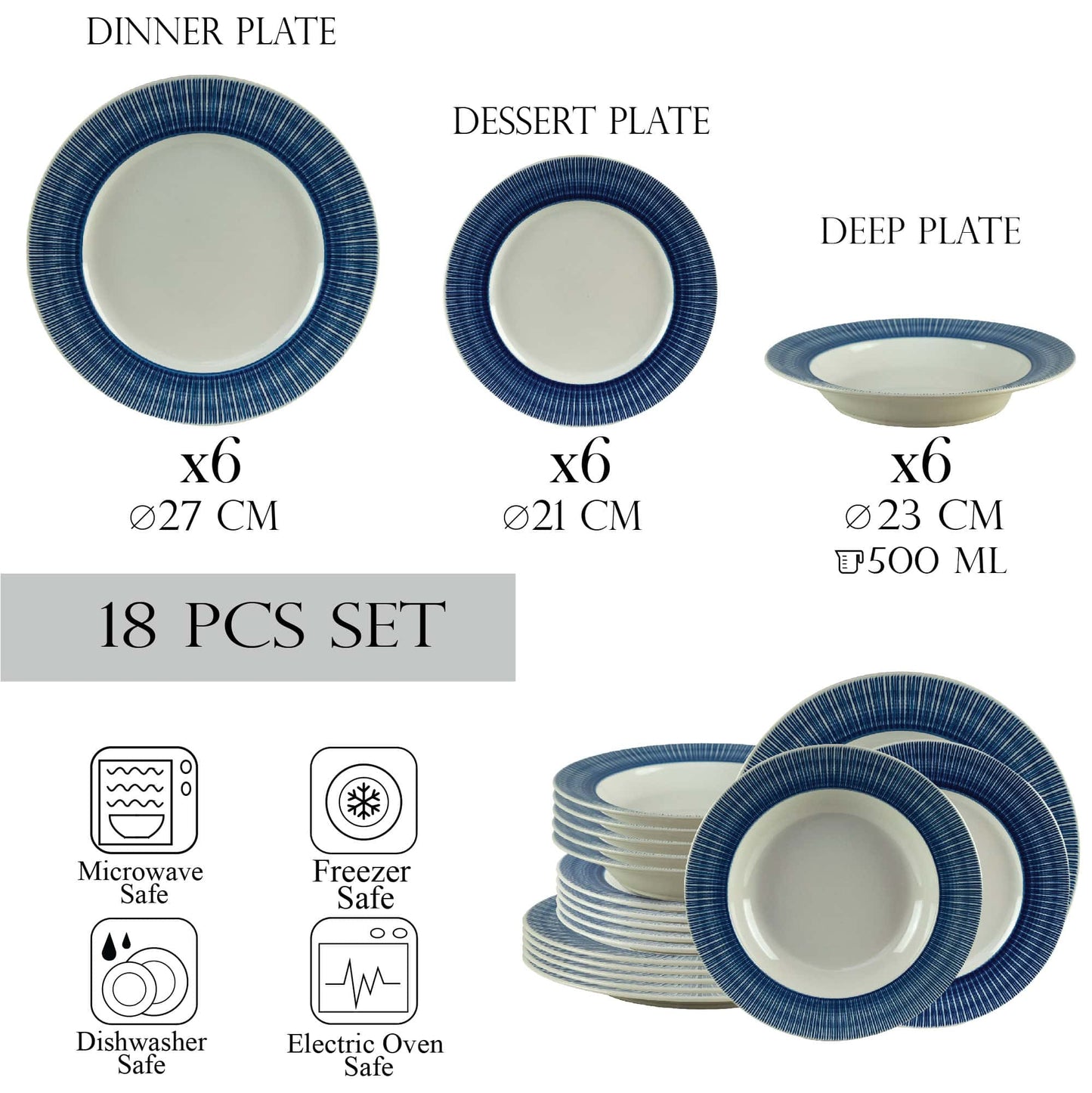 Plate set 18 pieces, for 6 people, Ivory, Cesiro, White Ivoire with blue