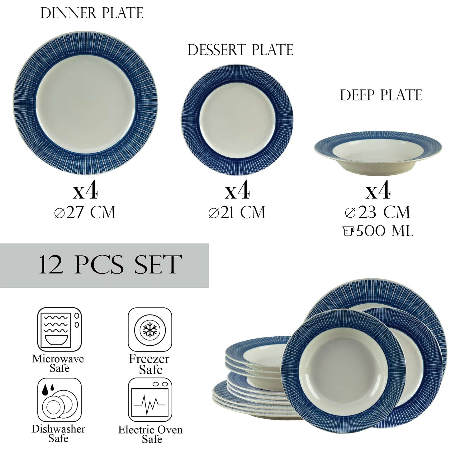 Plate set 12 pieces, for 4 people, Ivory, Cesiro, White Ivoire with blue