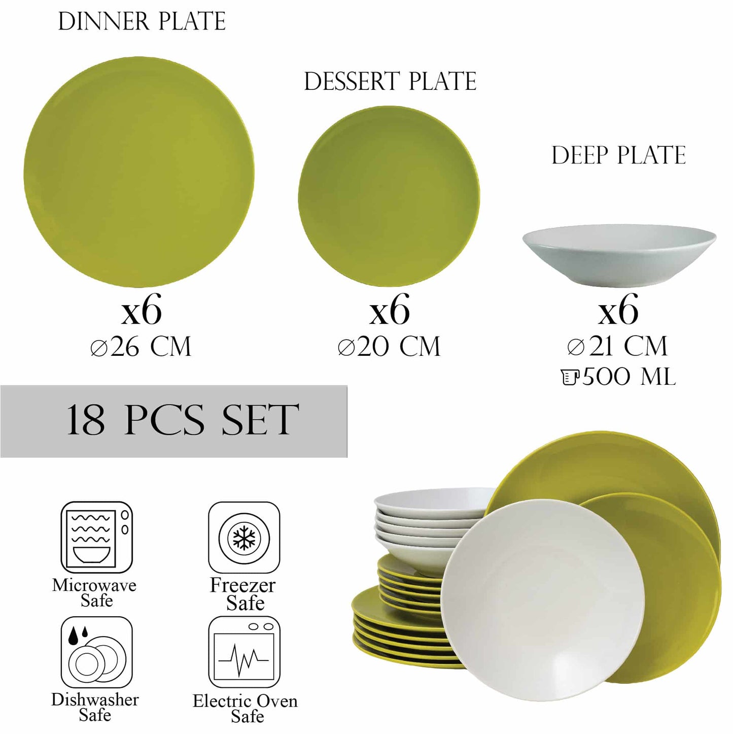 Комплект чинии 18 части, за 6 човека, Лили, Чесиро, Бяло/Зелено Киви