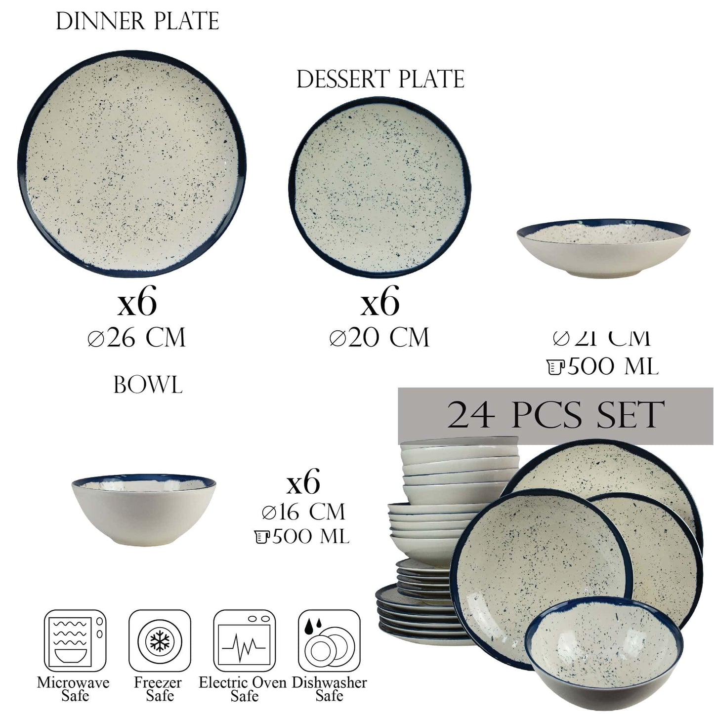 Juego de platos 24 piezas, para 6 personas, Ancla, Cesiro, Blanco marfil con azul