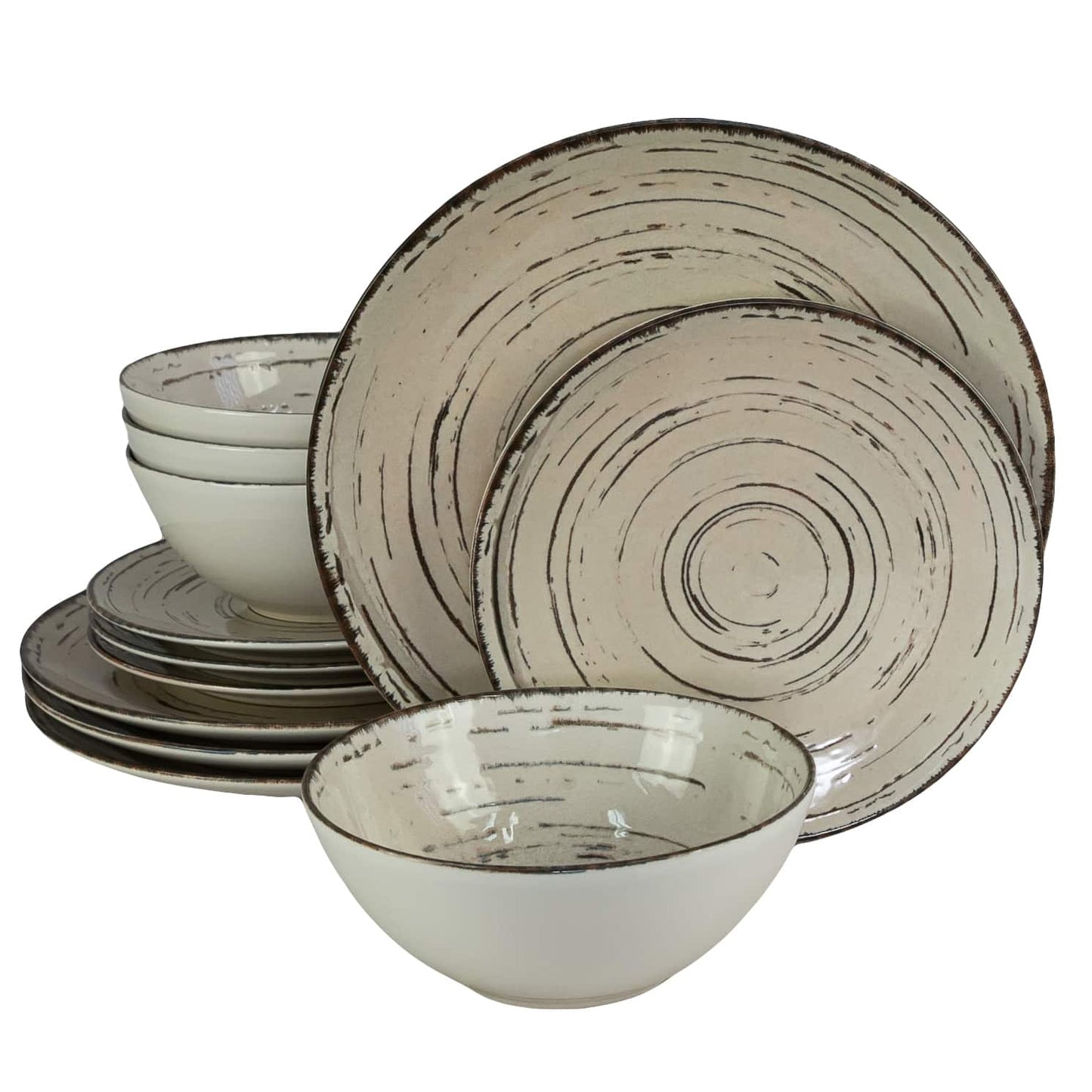 Plate set 12 pieces, for 4 people, Stone, Cesiro, White Ivoire with black lines